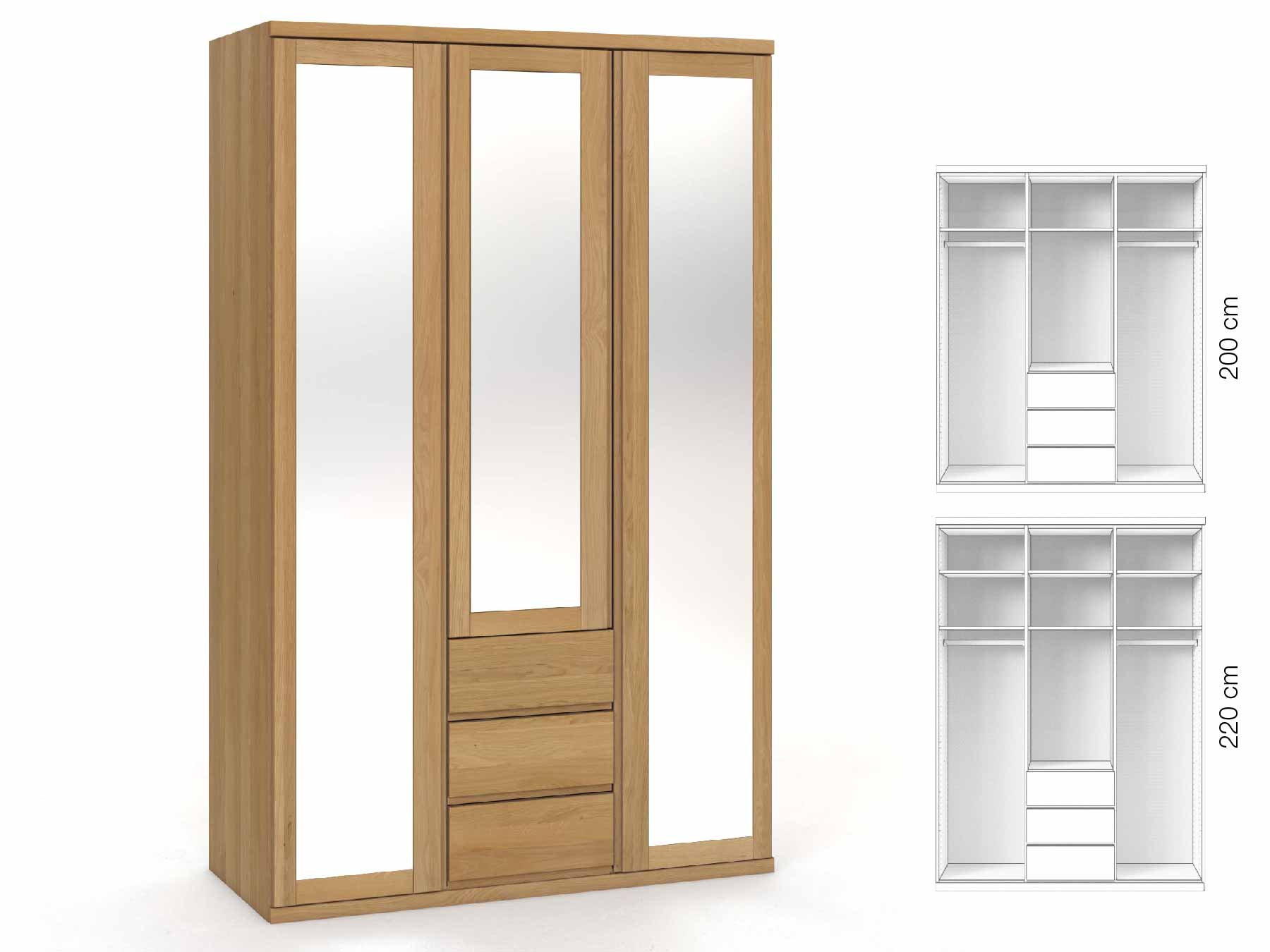 Eichenschrank Hell „Sandra“, 3-türig, Höhe 220 cm, Griffausführung „Patrizia“, Inneneinrichtung: E