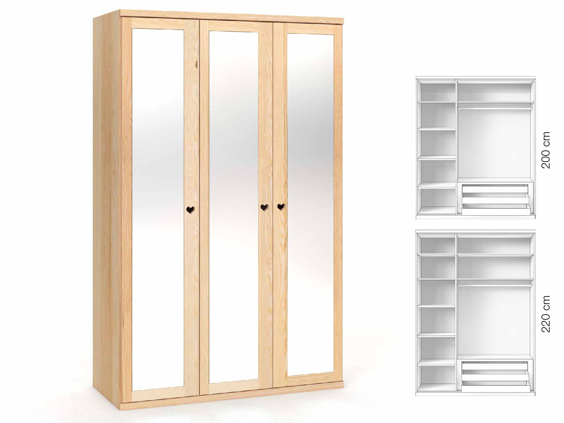 Eschenschrank „Sandra“, 3-türig, Höhe 220 cm, Griffausführung „Heidi“, Inneneinrichtung: C