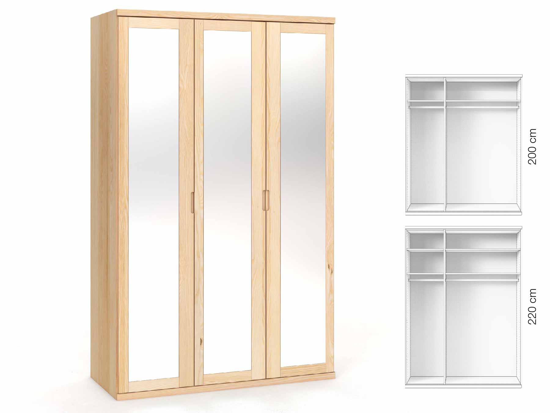 Eschenschrank „Sandra“, 3-türig, Höhe 220 cm, Griffausführung „Lukas“, Inneneinrichtung: A