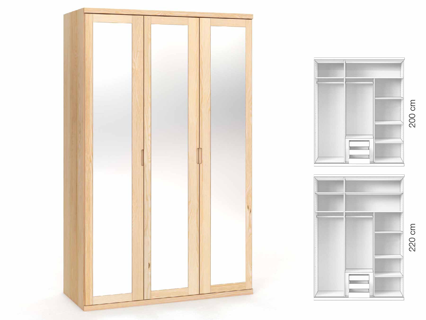 Eschenschrank „Sandra“, 3-türig, Höhe 220 cm, Griffausführung „Lukas“, Inneneinrichtung: D