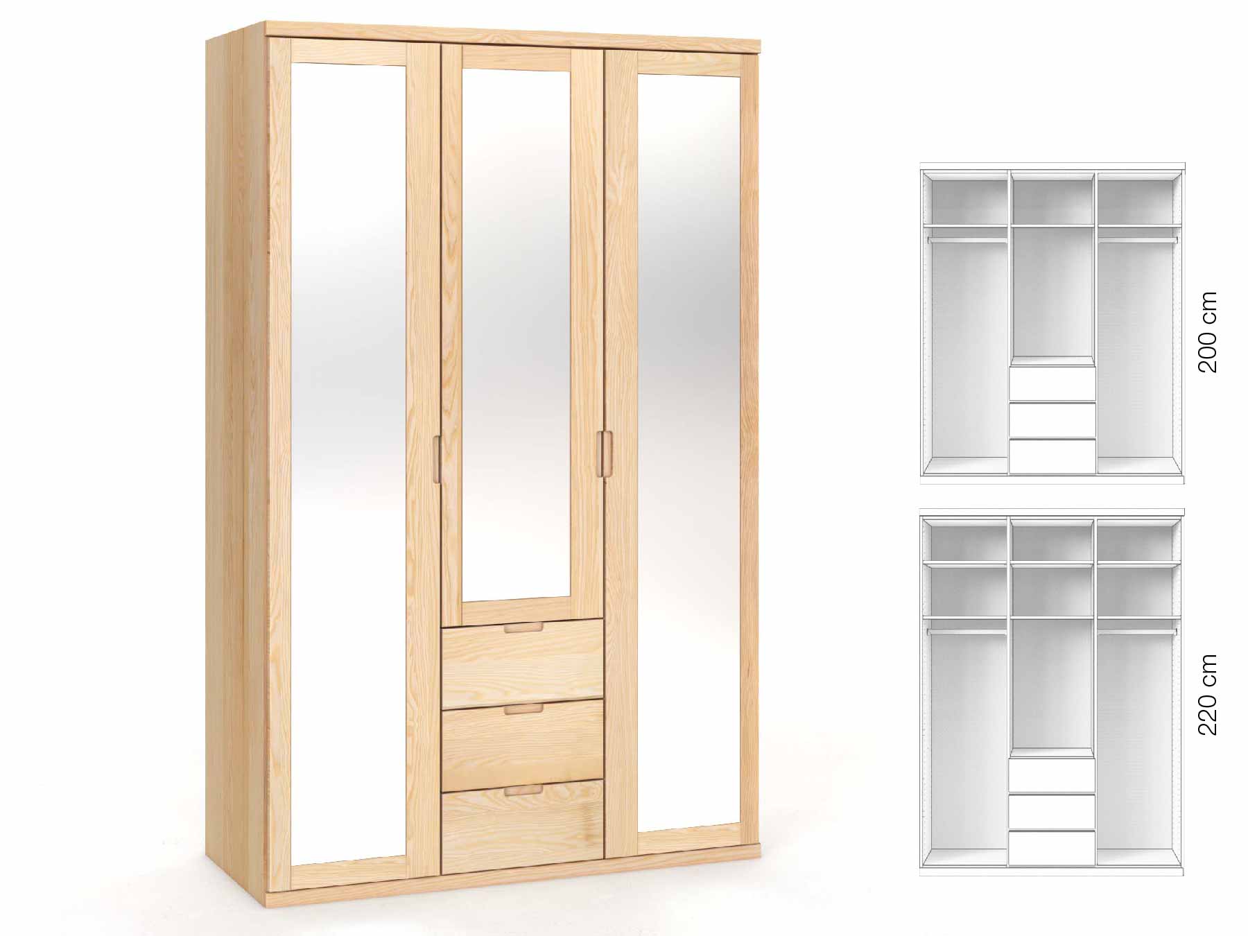 Eschenschrank „Sandra“, 3-türig, Höhe 220 cm, Griffausführung „Lukas“, Inneneinrichtung: E