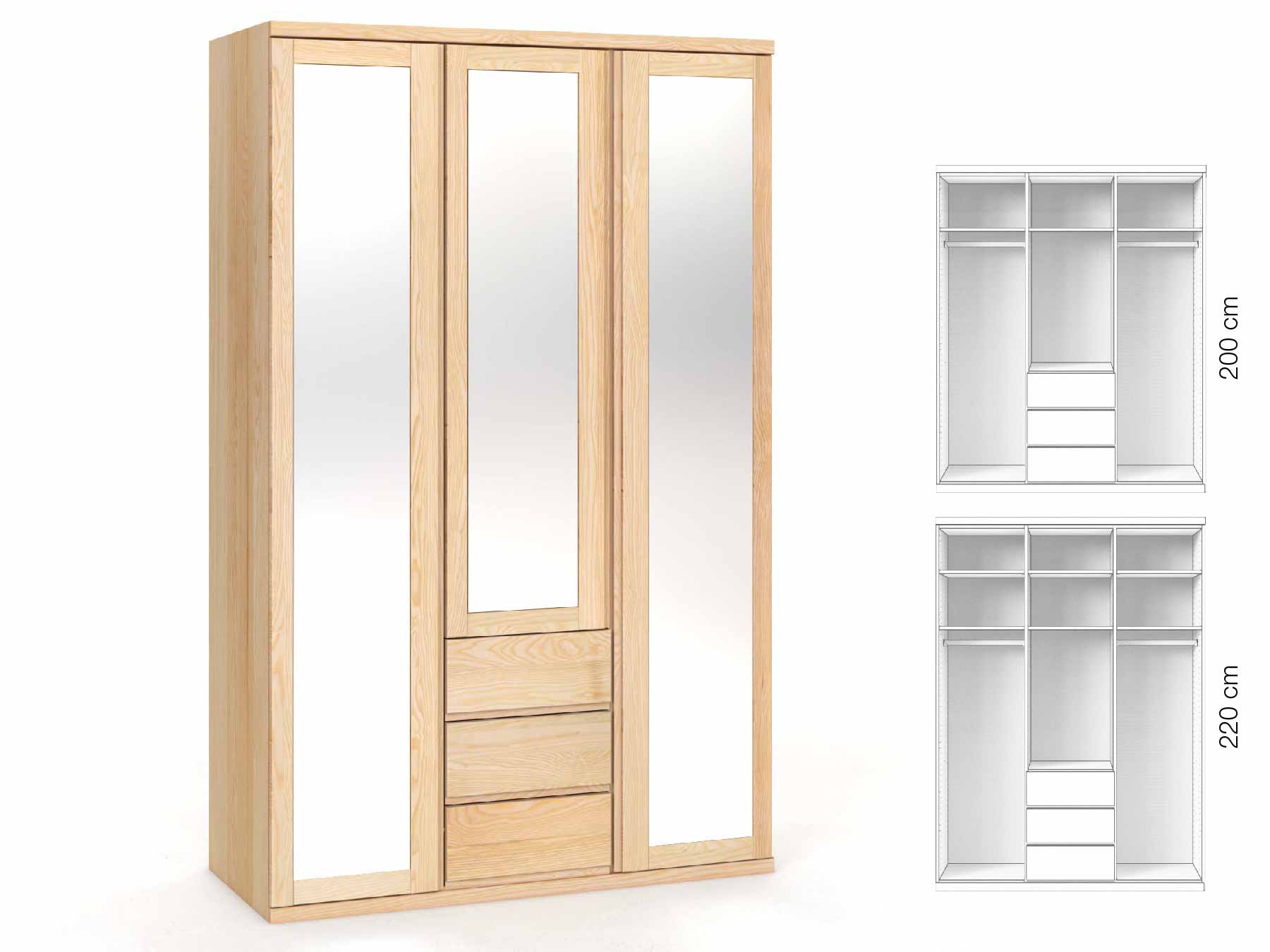 Eschenschrank „Sandra“, 3-türig, Höhe 220 cm, Griffausführung „Patrizia“, Inneneinrichtung: E