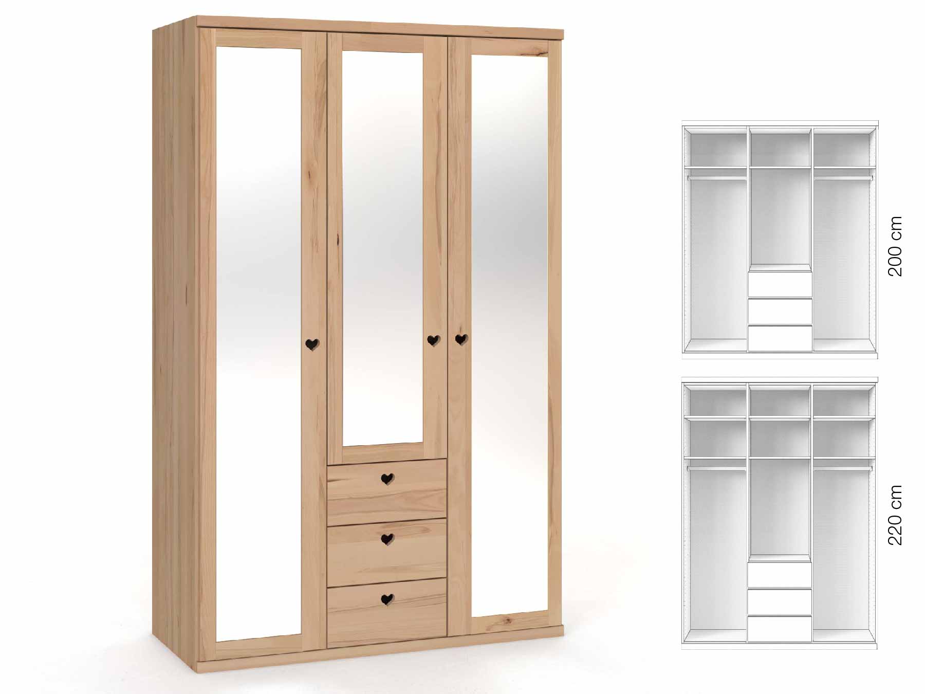 Buchenschrank „Sandra“, 3-türig, Höhe 220 cm, Griffausführung „Heidi“, Inneneinrichtung: E