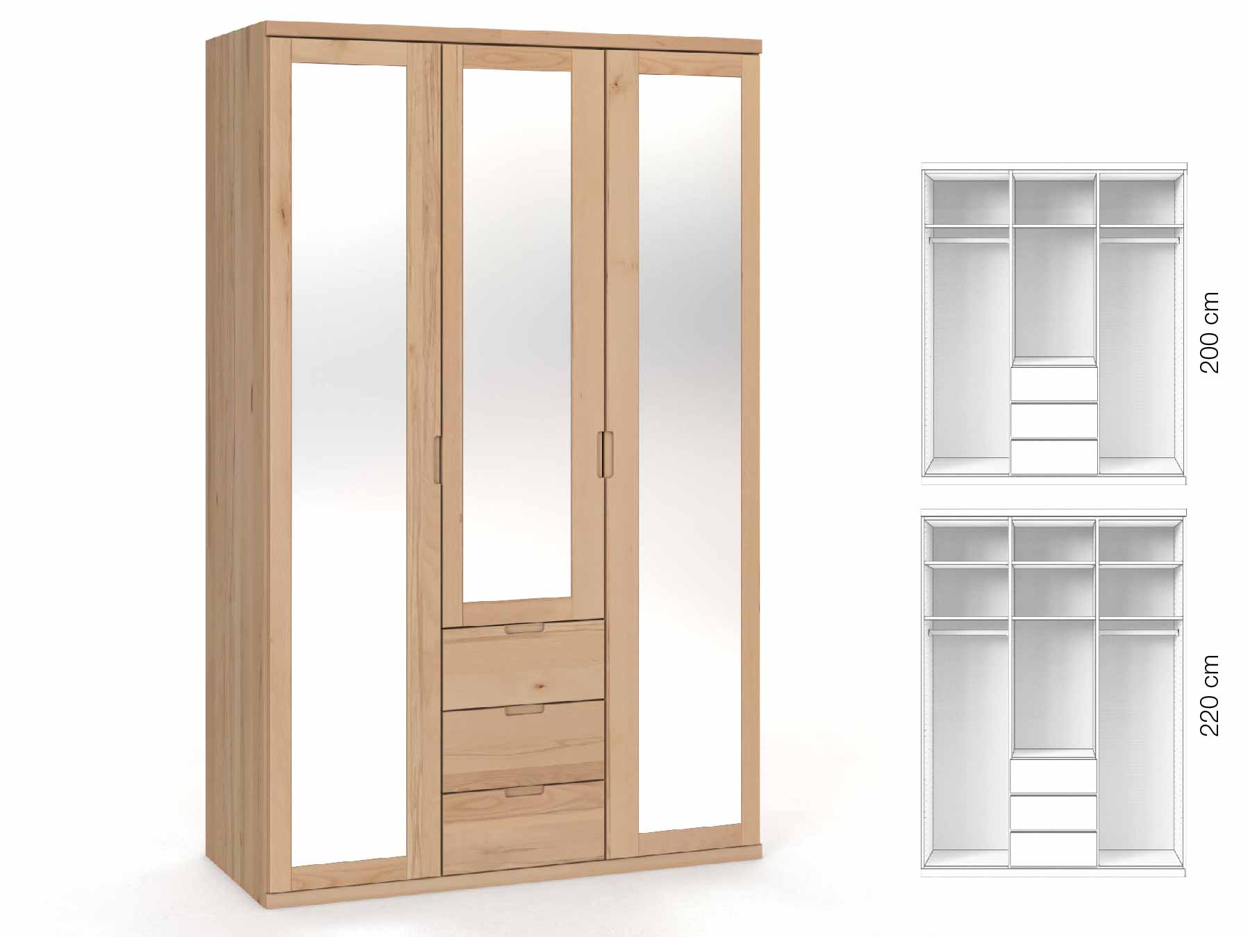 Buchenschrank „Sandra“, 3-türig, Höhe 220 cm, Griffausführung „Lukas“, Inneneinrichtung: E