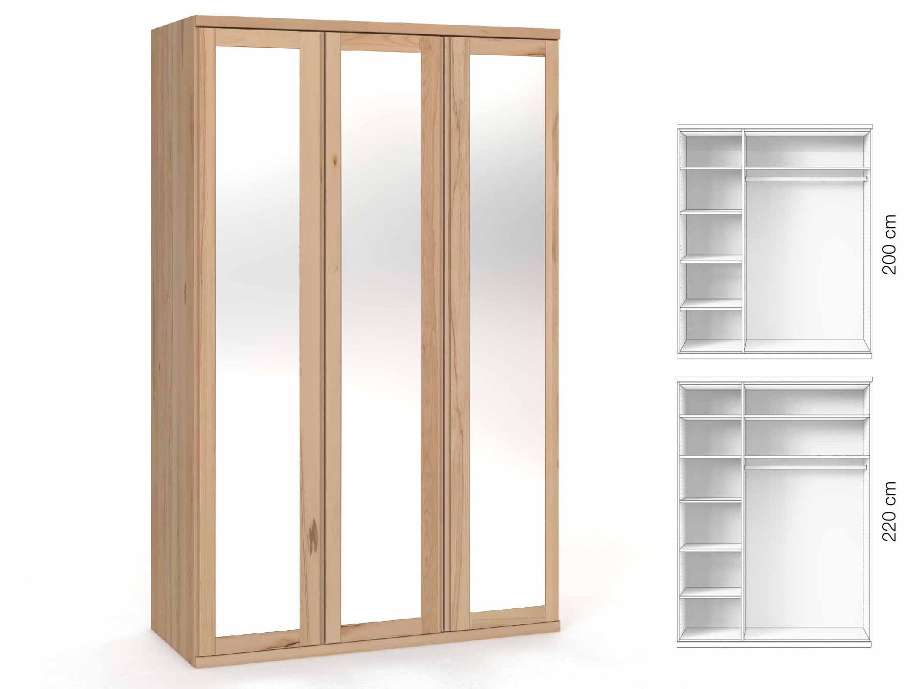 Buchenschrank „Sandra“, 3-türig, Höhe 220 cm, Griffausführung „Patrizia“, Inneneinrichtung: B