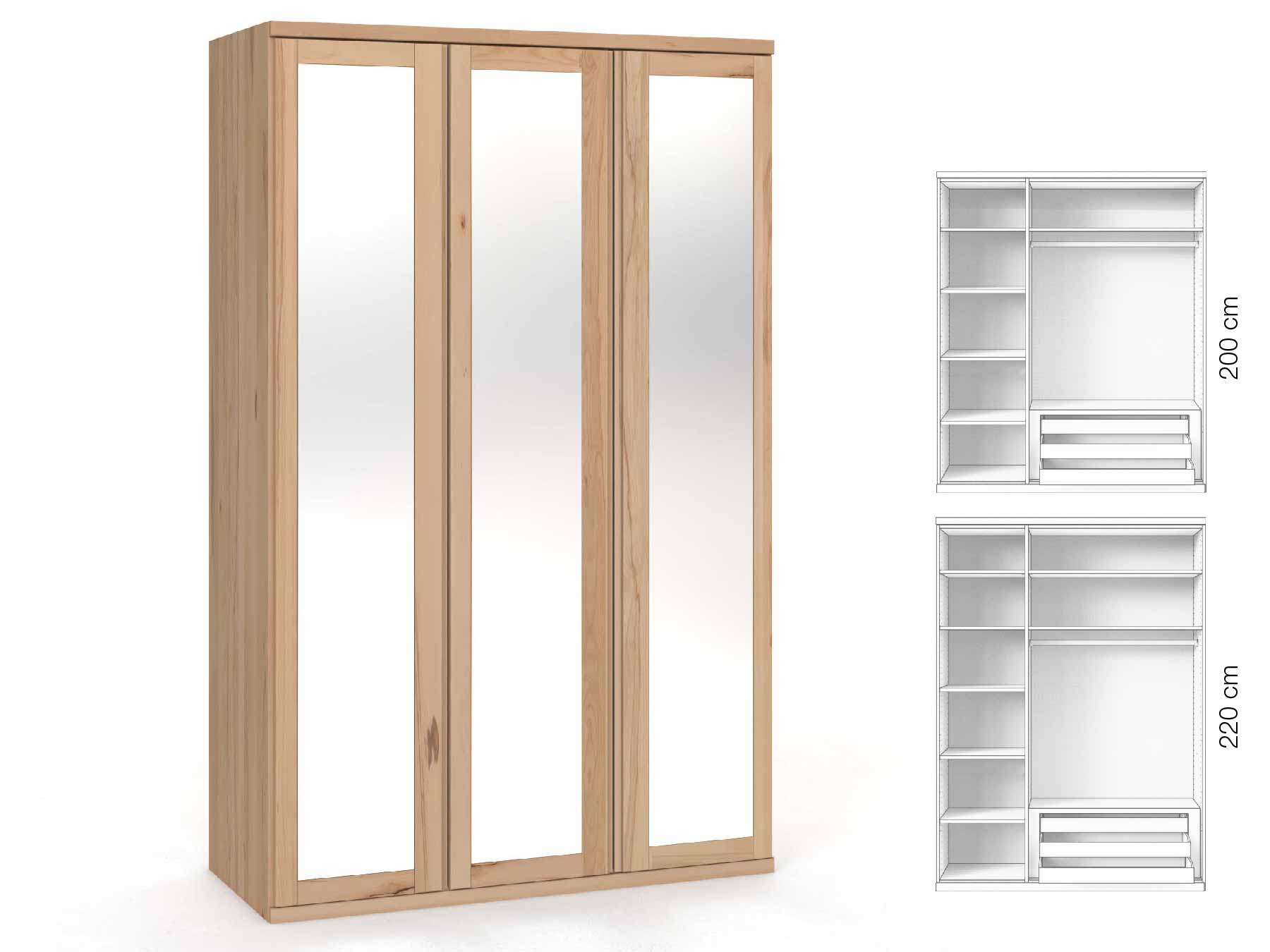 Buchenschrank „Sandra“, 3-türig, Höhe 220 cm, Griffausführung „Patrizia“, Inneneinrichtung: C