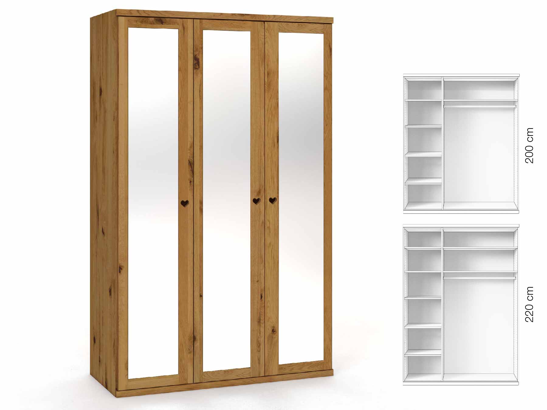 Wildeichenschrank „Sandra“, 3-türig, Höhe 220 cm, Griffausführung „Heidi“, Inneneinrichtung: B