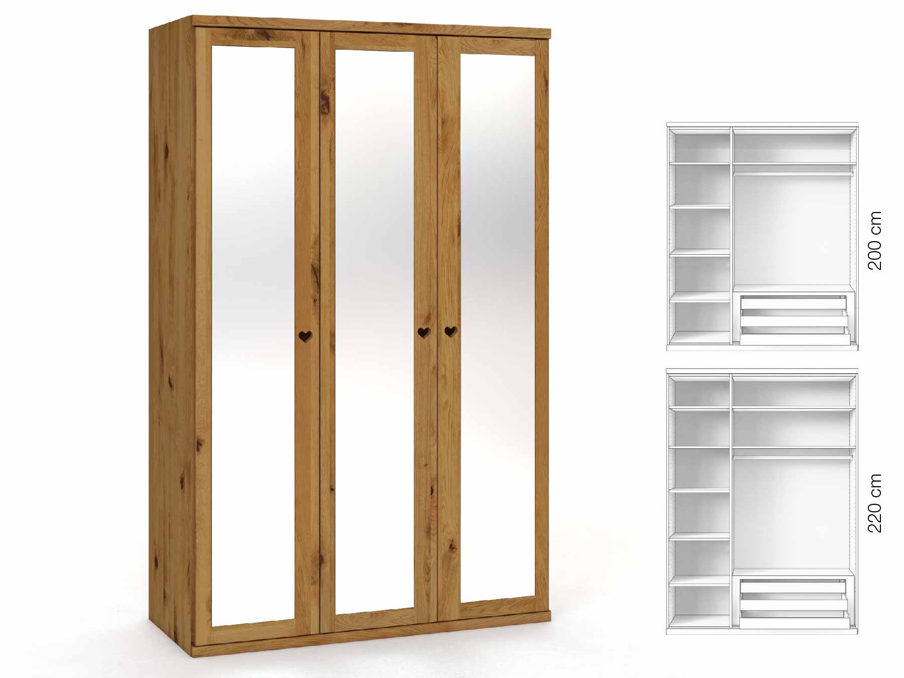 Wildeichenschrank „Sandra“, 3-türig, Höhe 220 cm, Griffausführung „Heidi“, Inneneinrichtung: C