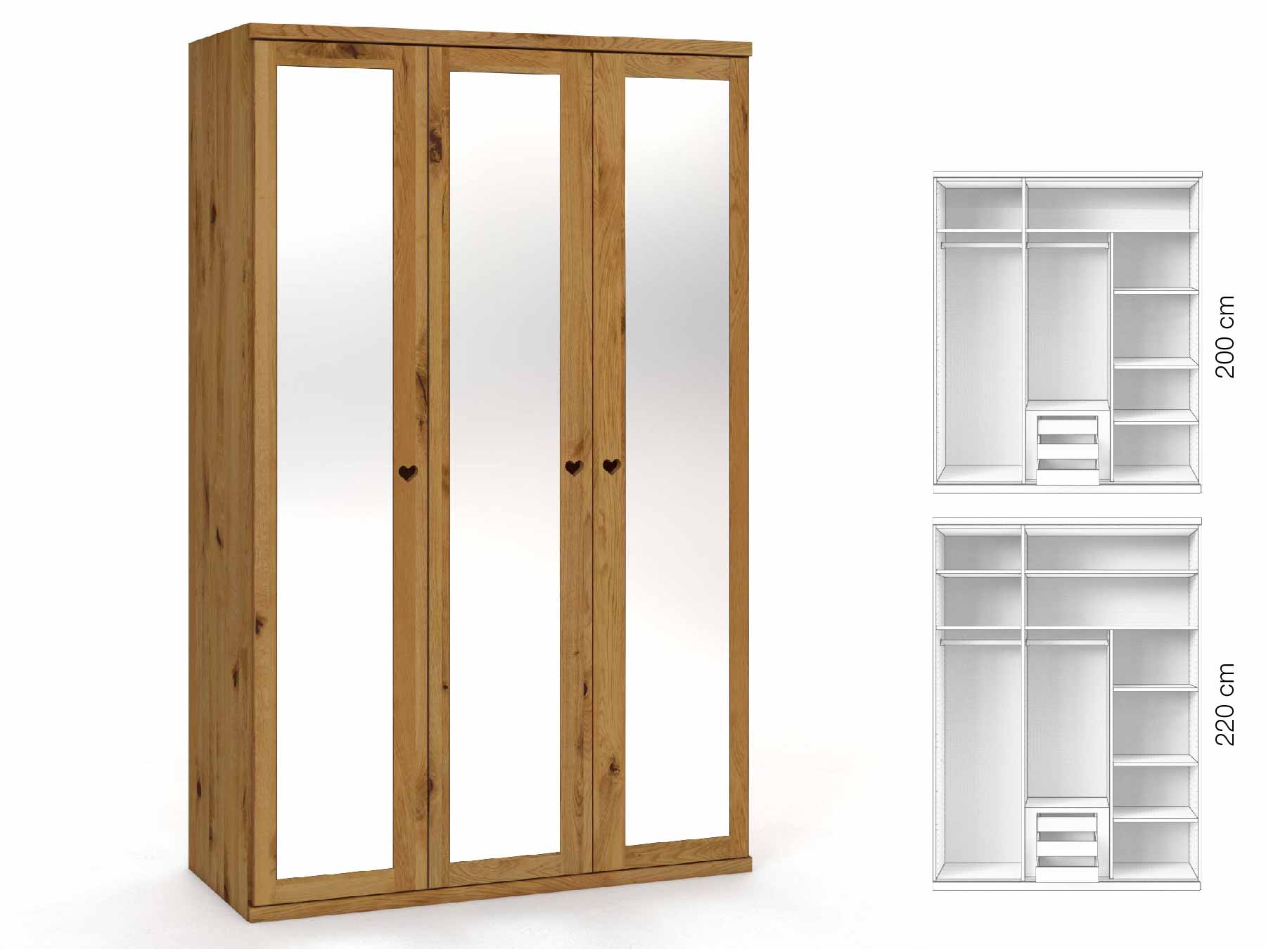 Wildeichenschrank „Sandra“, 3-türig, Höhe 220 cm, Griffausführung „Heidi“, Inneneinrichtung: D