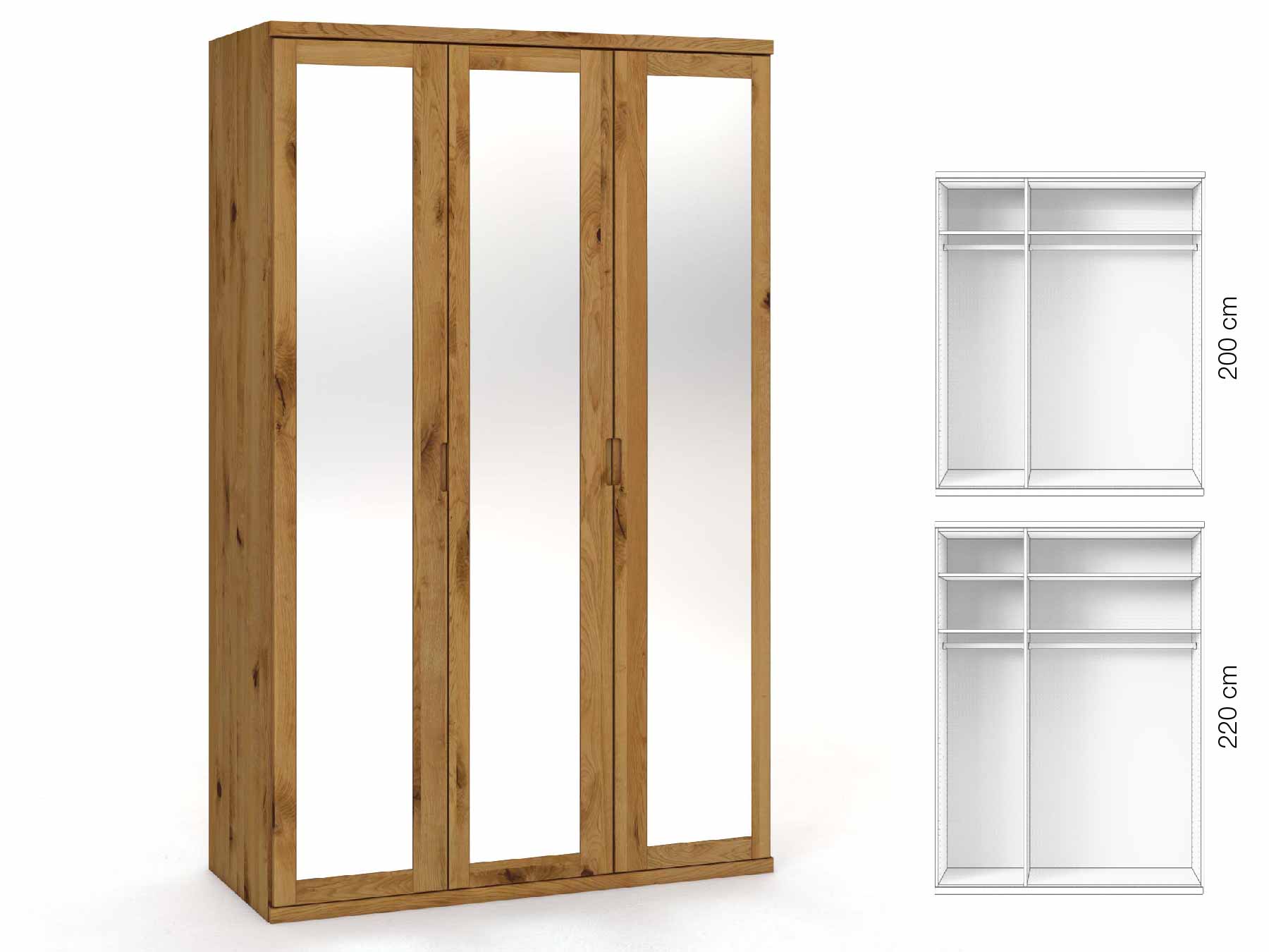 Wildeichenschrank „Sandra“, 3-türig, Höhe 220 cm, Griffausführung „Lukas“, Inneneinrichtung: A