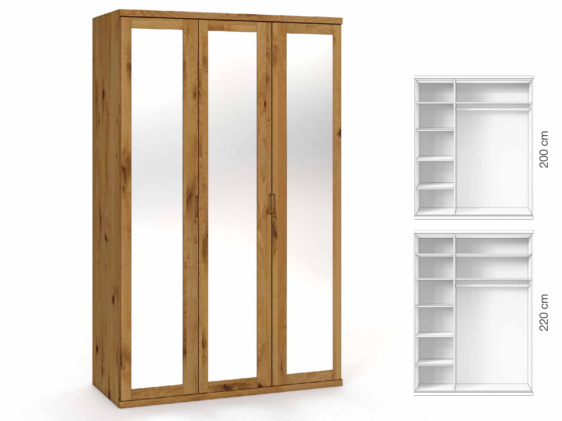 Wildeichenschrank „Sandra“, 3-türig, Höhe 220 cm, Griffausführung „Lukas“, Inneneinrichtung: B