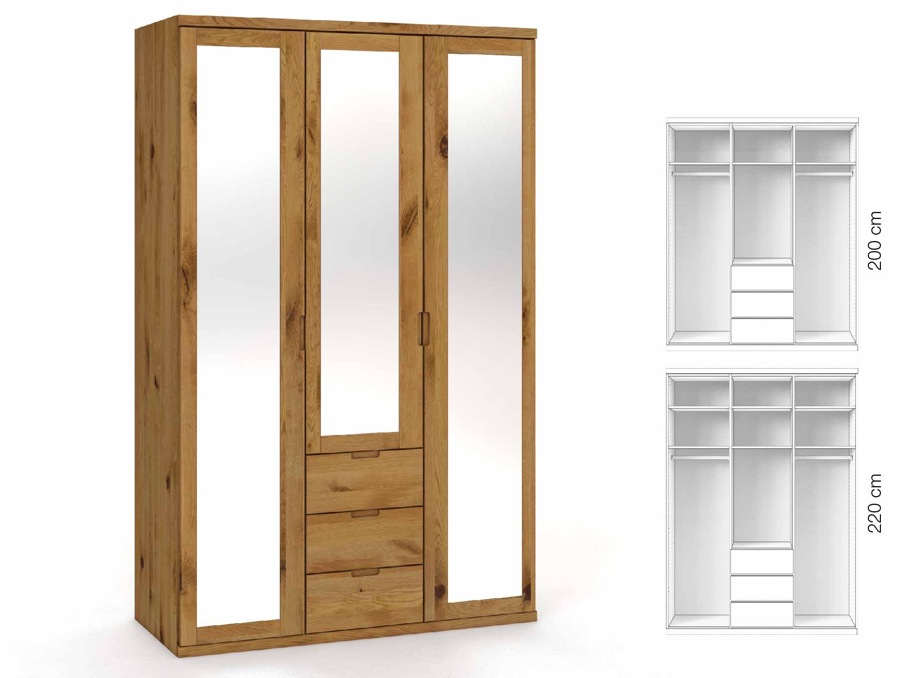 Wildeichenschrank „Sandra“, 3-türig, Höhe 220 cm, Griffausführung „Lukas“, Inneneinrichtung: E