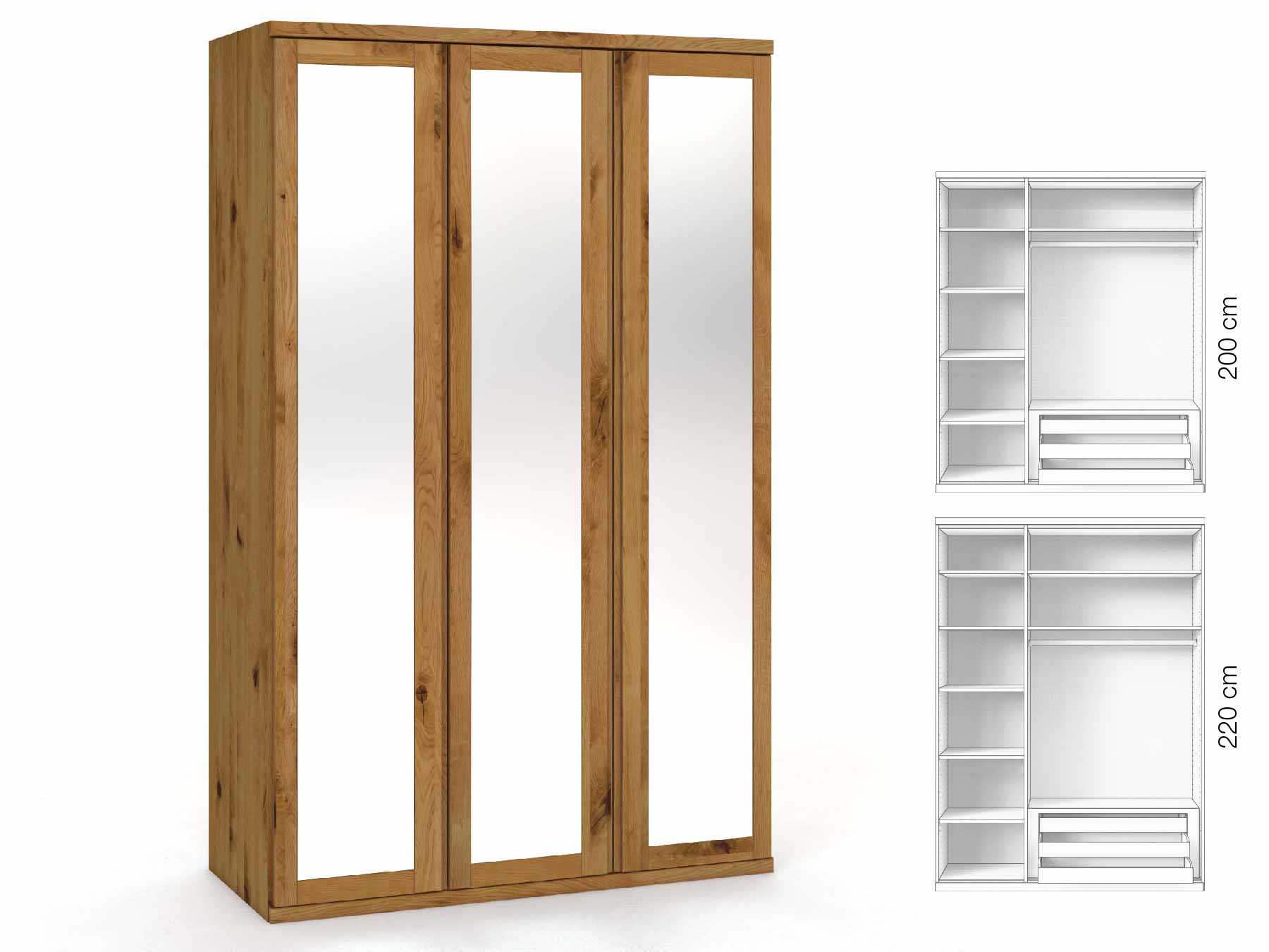 Wildeichenschrank „Sandra“, 3-türig, Höhe 220 cm, Griffausführung „Patrizia“, Inneneinrichtung: C