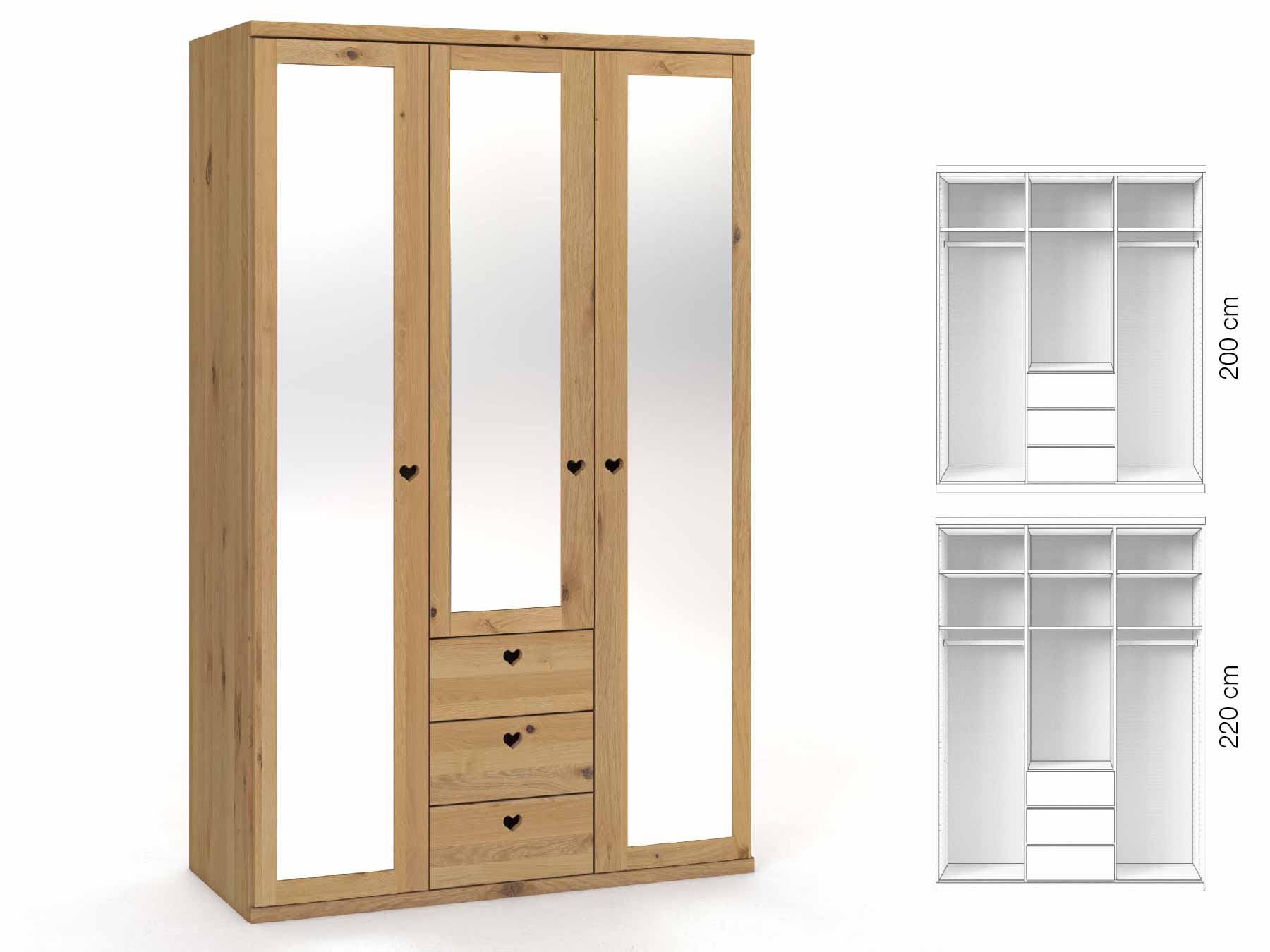 Wildeichenschrank Hell „Sandra“, 3-türig, Höhe 220 cm, Griffausführung „Heidi“, Inneneinrichtung: E