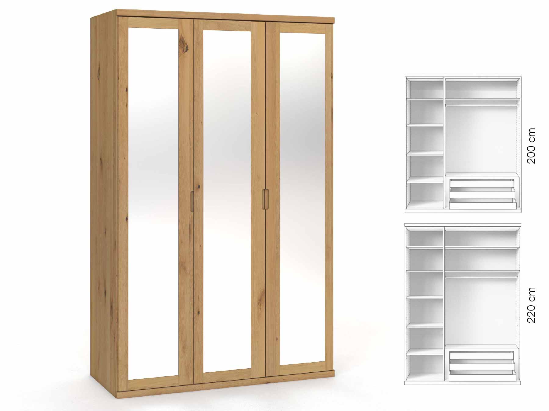 Wildeichenschrank Hell „Sandra“, 3-türig, Höhe 220 cm, Griffausführung „Lukas“, Inneneinrichtung: C