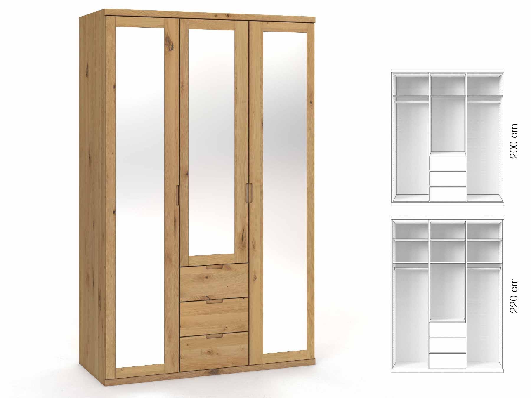 Wildeichenschrank Hell „Sandra“, 3-türig, Höhe 220 cm, Griffausführung „Lukas“, Inneneinrichtung: E