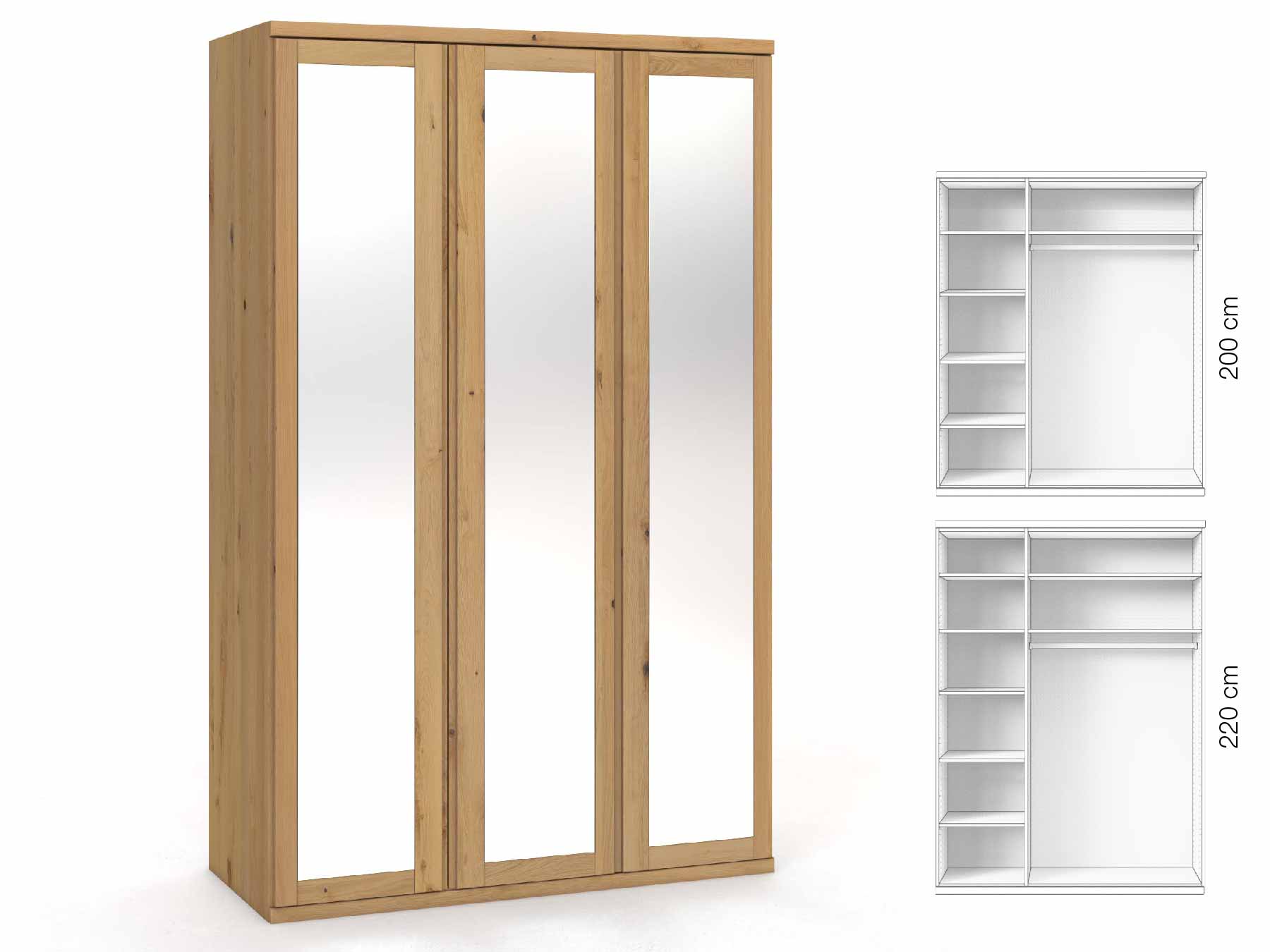 Wildeichenschrank Hell „Sandra“, 3-türig, Höhe 220 cm, Griffausführung „Patrizia“, Inneneinrichtung: B