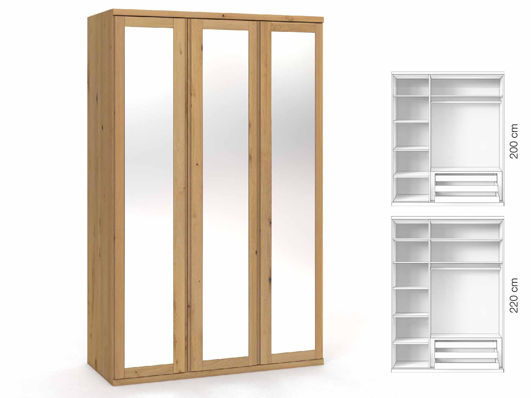 Wildeichenschrank Hell „Sandra“, 3-türig, Höhe 220 cm, Griffausführung „Patrizia“, Inneneinrichtung: C