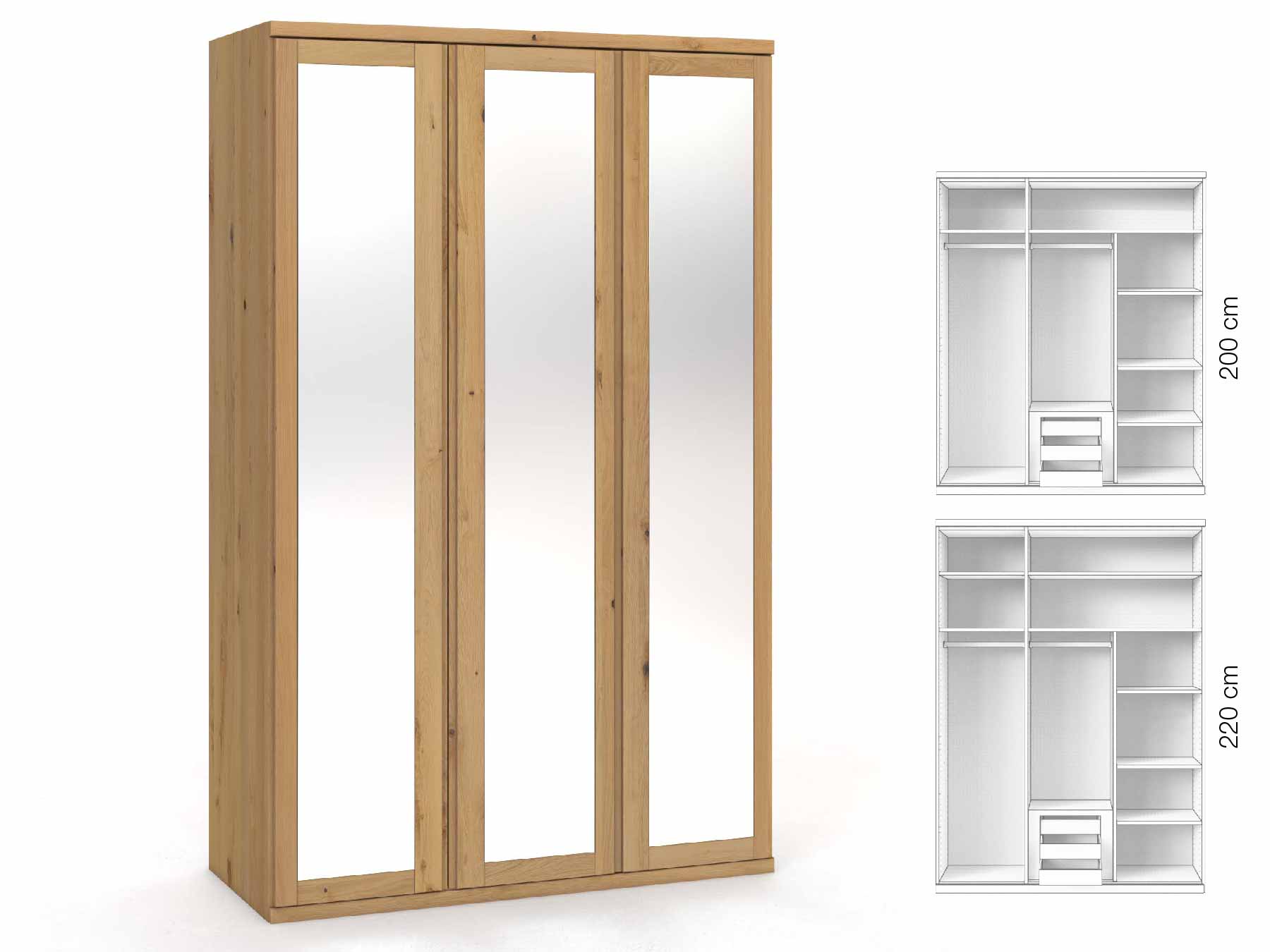 Wildeichenschrank Hell „Sandra“, 3-türig, Höhe 220 cm, Griffausführung „Patrizia“, Inneneinrichtung: D