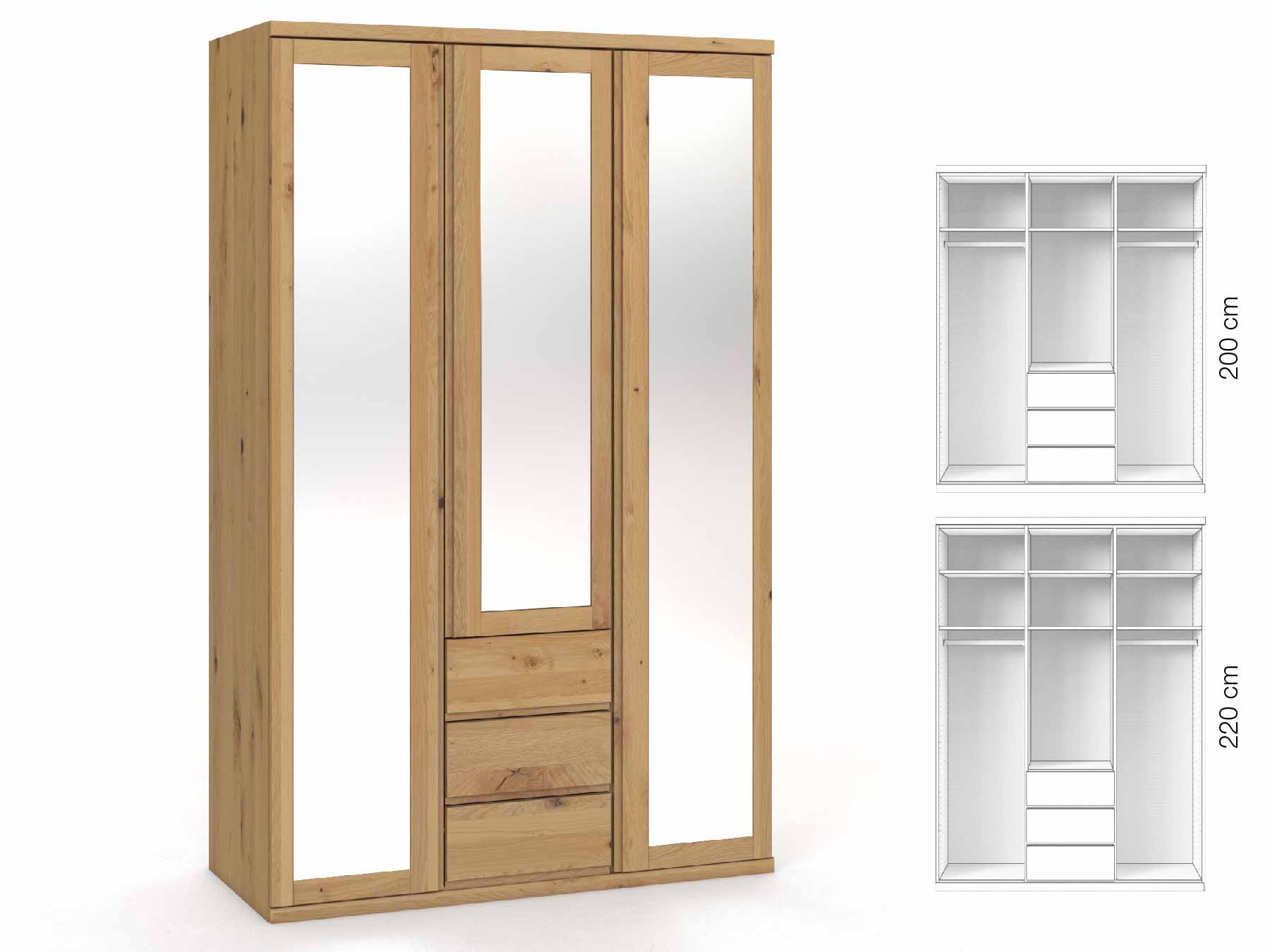 Wildeichenschrank Hell „Sandra“, 3-türig, Höhe 220 cm, Griffausführung „Patrizia“, Inneneinrichtung: E