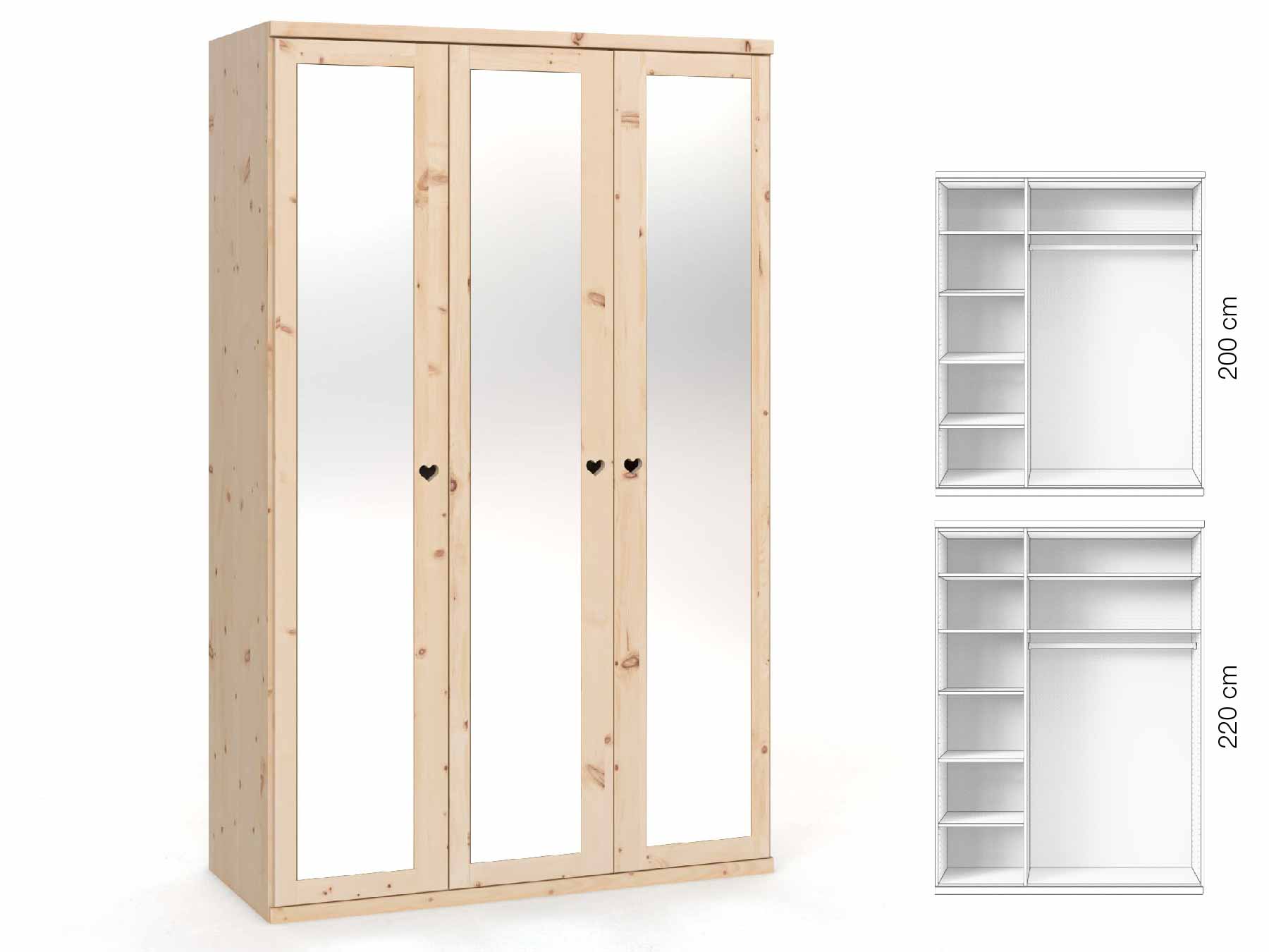 Zirbenschrank „Sandra“, 3-türig, Höhe 220 cm, Griffausführung „Heidi“, Inneneinrichtung: B