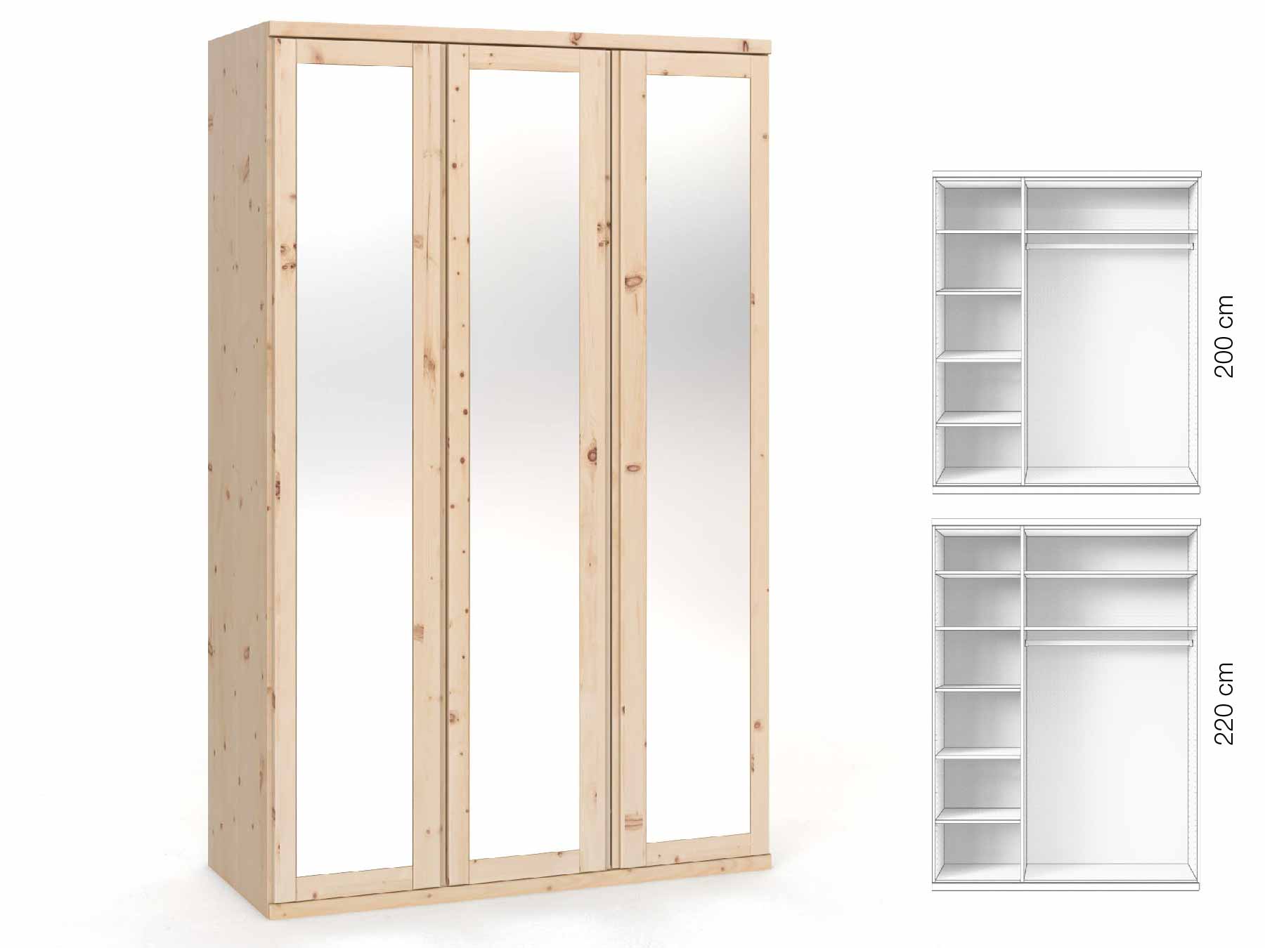 Zirbenschrank „Sandra“, 3-türig, Höhe 220 cm, Griffausführung „Patrizia“, Inneneinrichtung: B
