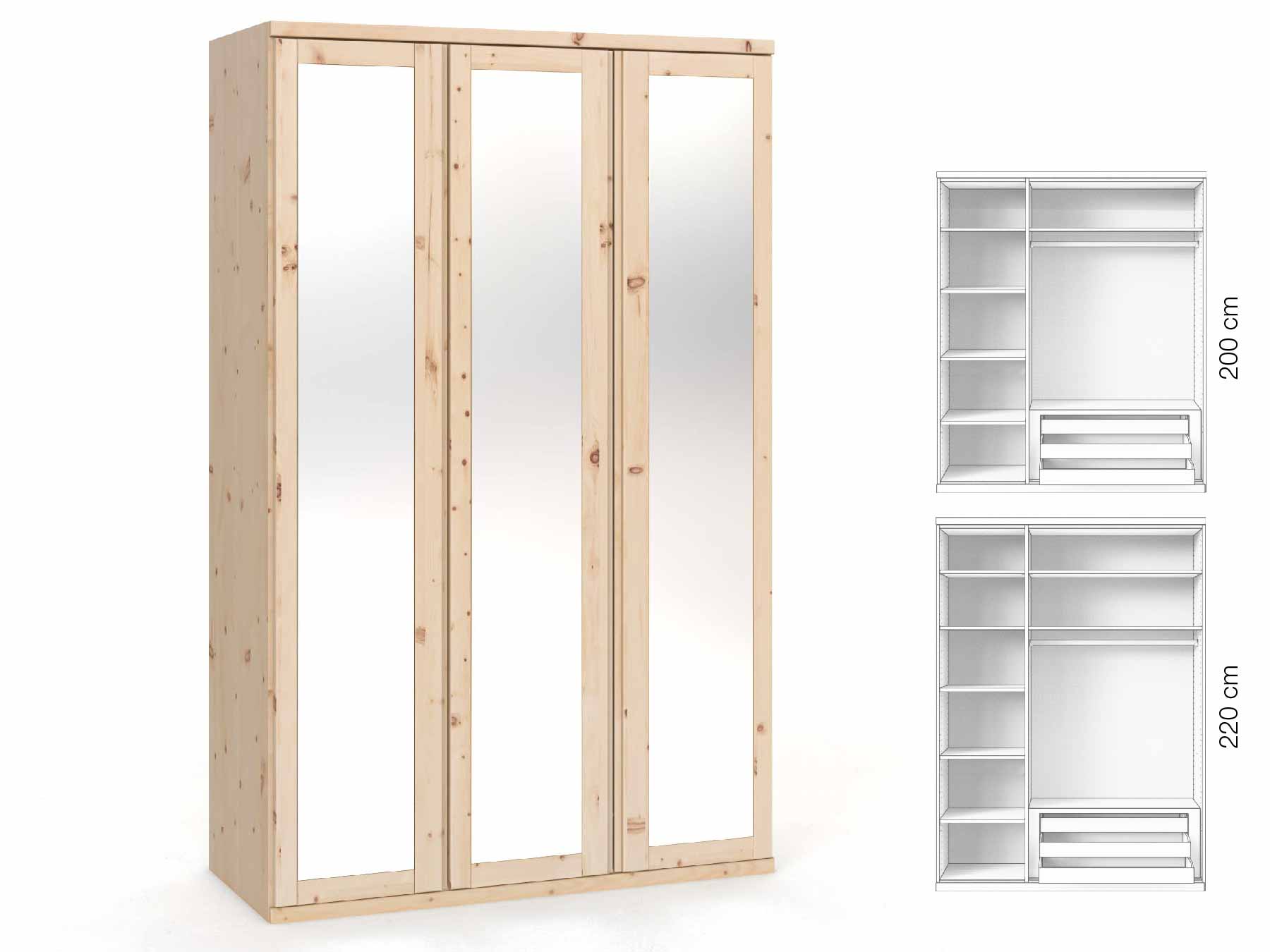 Zirbenschrank „Sandra“, 3-türig, Höhe 220 cm, Griffausführung „Patrizia“, Inneneinrichtung: C