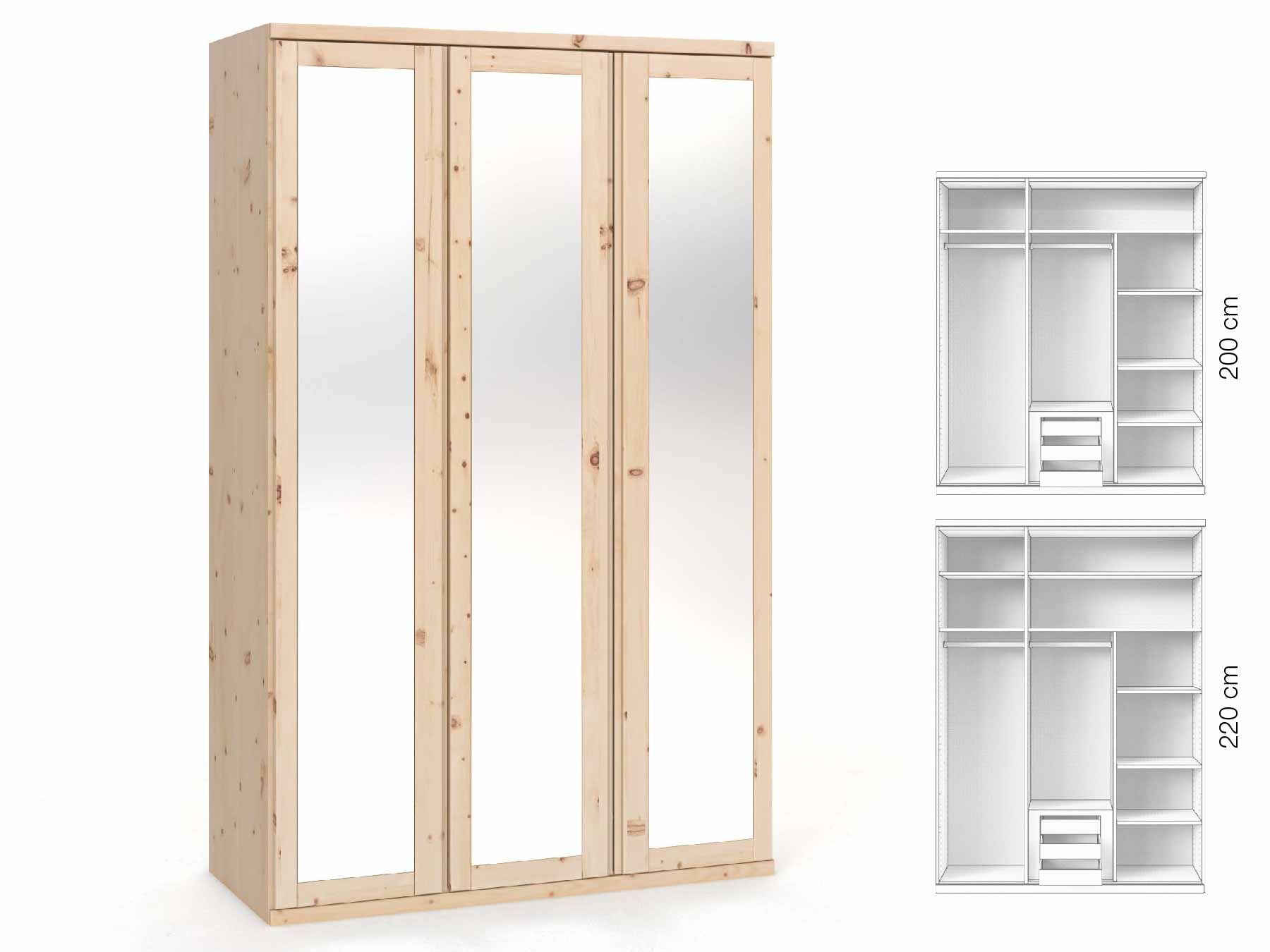 Zirbenschrank „Sandra“, 3-türig, Höhe 220 cm, Griffausführung „Patrizia“, Inneneinrichtung: D