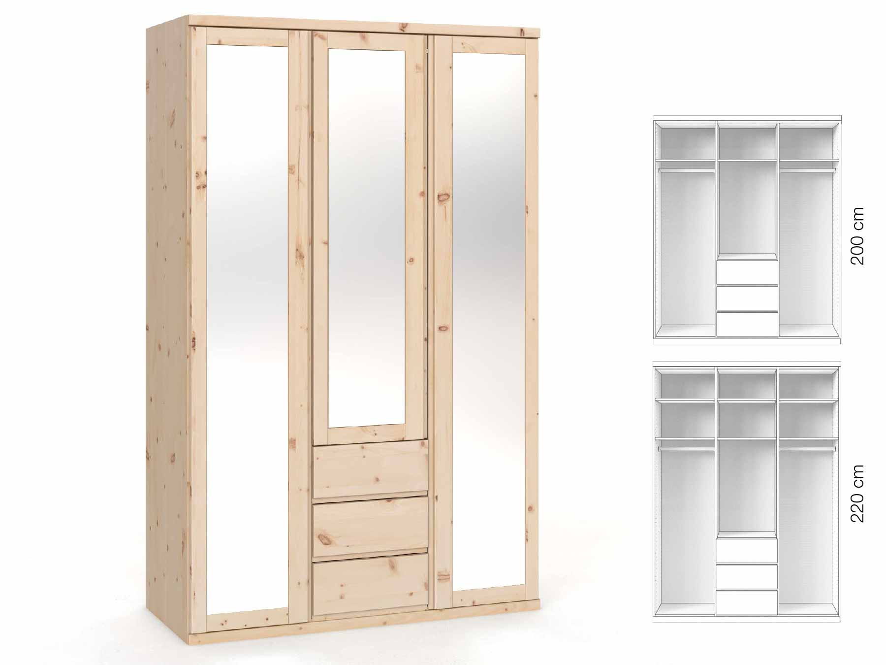 Zirbenschrank „Sandra“, 3-türig, Höhe 220 cm, Griffausführung „Patrizia“, Inneneinrichtung: E