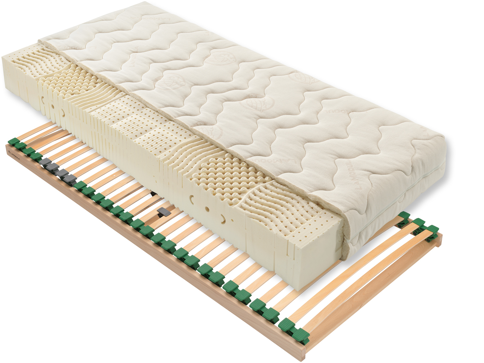 Das Schlafsystem „Julian & Lattenrost“ besteht aus einer Naturlatex-Matratze und einem metallfreien Lattenrost.