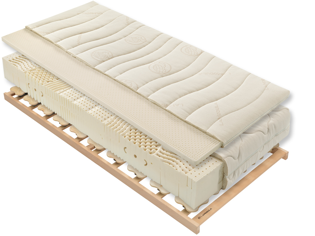 Das Schlafsystem „Julian mit Topper & Tellerlattenrost“ besteht aus einem hochwertigen Tellerlattenrost, einer Naturlatex-Matratze und einem weichem Topper.