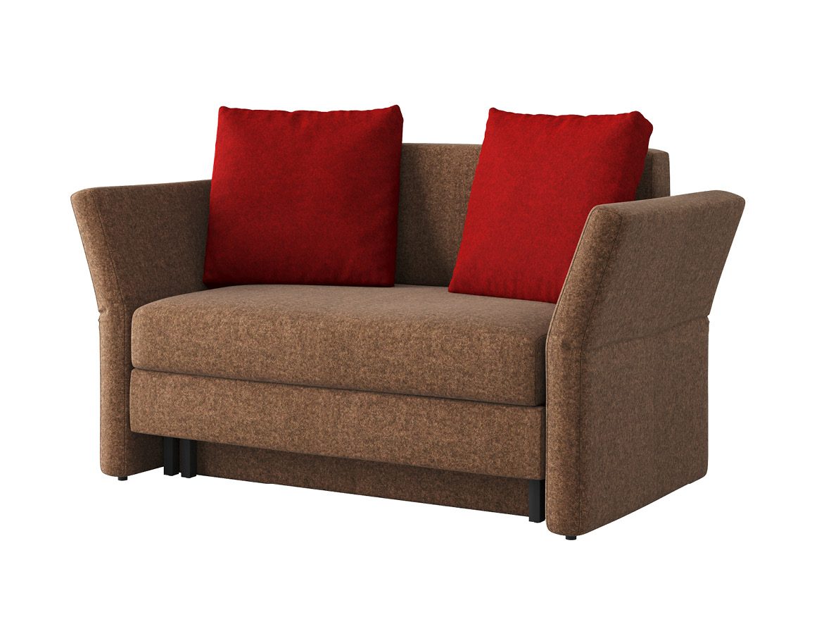Sofa „Clarissa“ mit Stoff Loden von „Steiner 1888“: Sofafarbe Braun, Kissenfarbe Weinrot