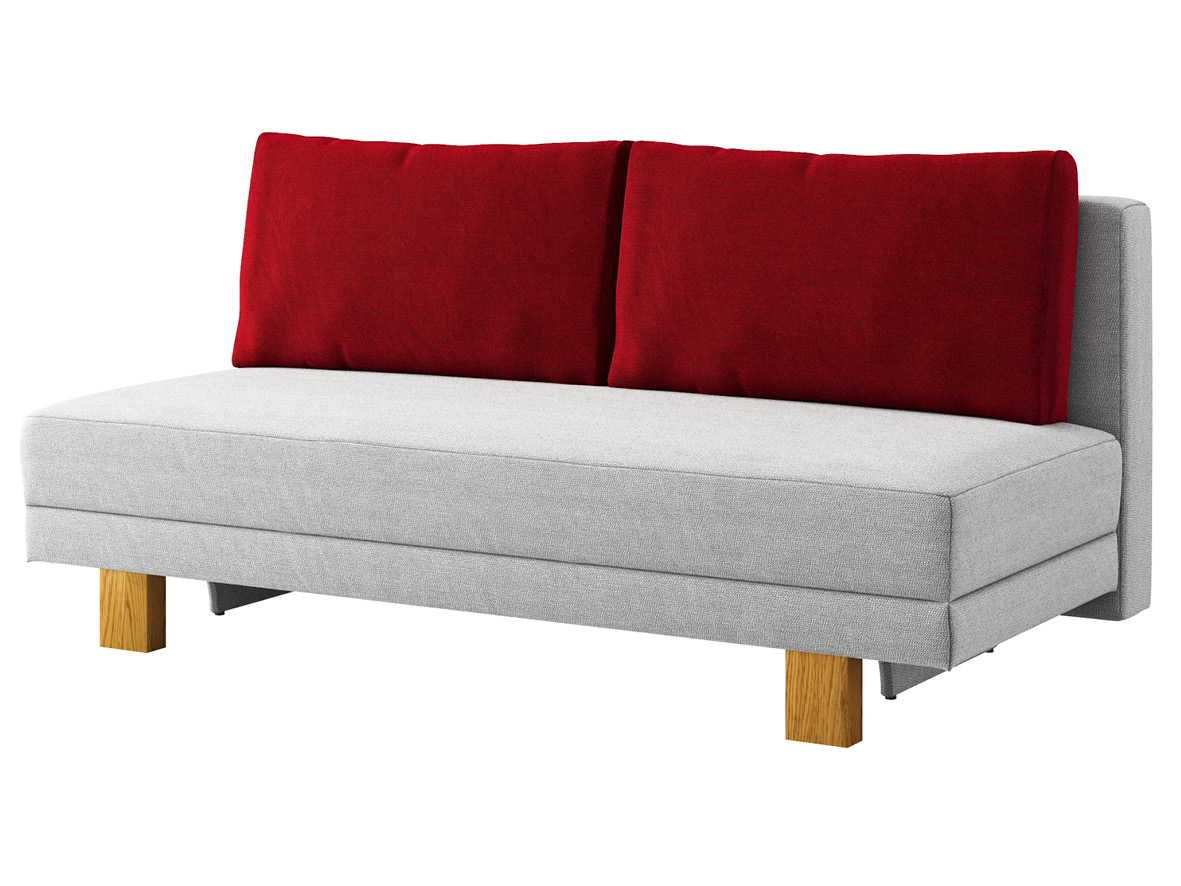 Sofa „Mara“ mit Stoff „Ankogel“: Sofafarbe Fels, Kissenfarbe Kirsch, Holzfüße in Eiche