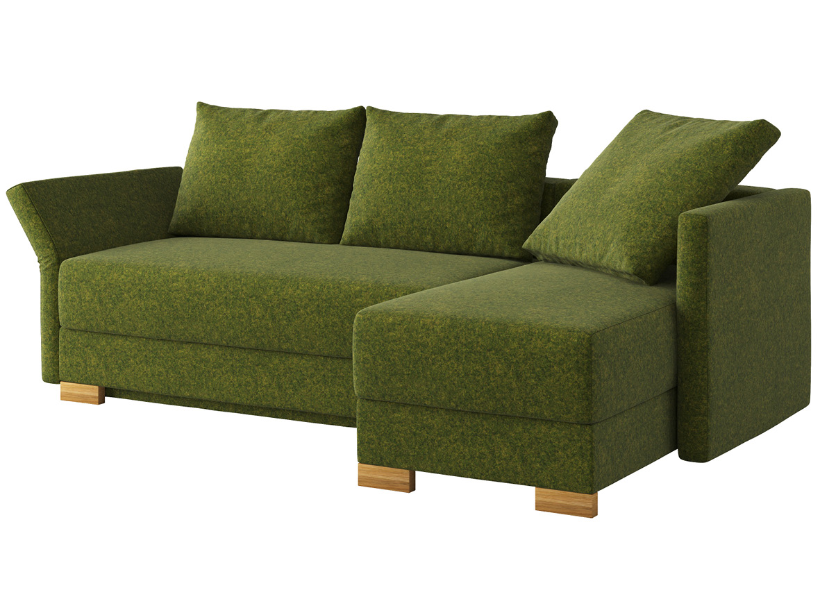 Sofa „Nathalie“ mit Stoff Loden von „Steiner 1888“: Sofafarbe Grün, 2 Rückenkissen und 1 Faltkissen in Farbe Grün, Anbauelement rechts, Holzfüße in Wildeiche