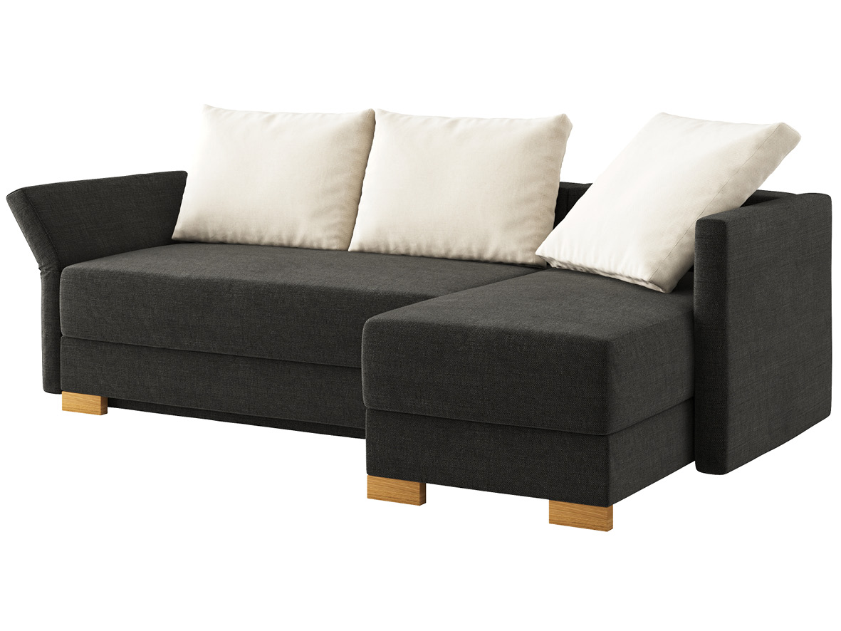 Sofa „Nathalie“ mit Stoff „Hochobir“: Sofafarbe Dunkelgrau, 2 Rückenkissen und 1 Faltkissen in Farbe Creme, Anbauelement rechts, Holzfüße in Kastanie