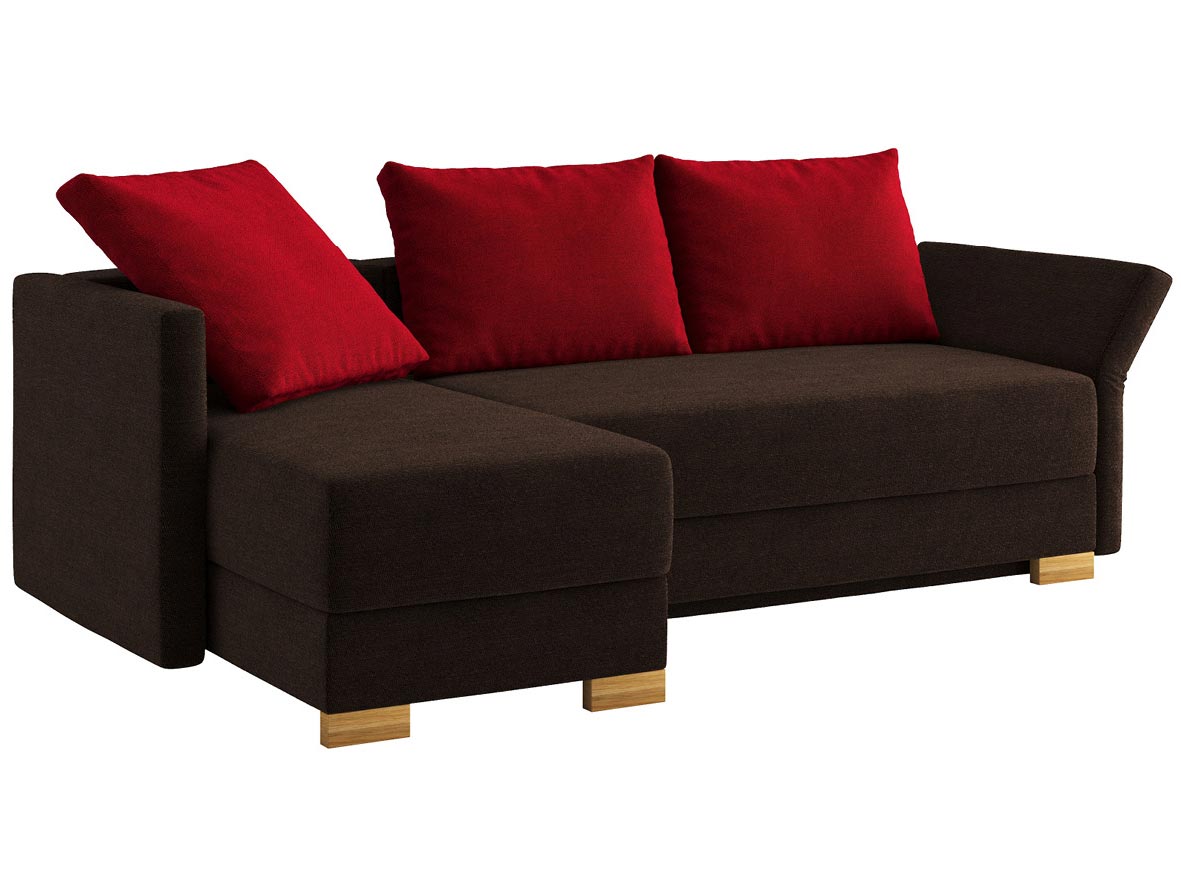 Sofa „Nathalie“ mit Stoff „Ankogel“: Sofafarbe Kaffee, 2 Rückenkissen und 1 Faltkissen in Farbe Kirsch, Anbauelement links, Holzfüße in Wildeiche