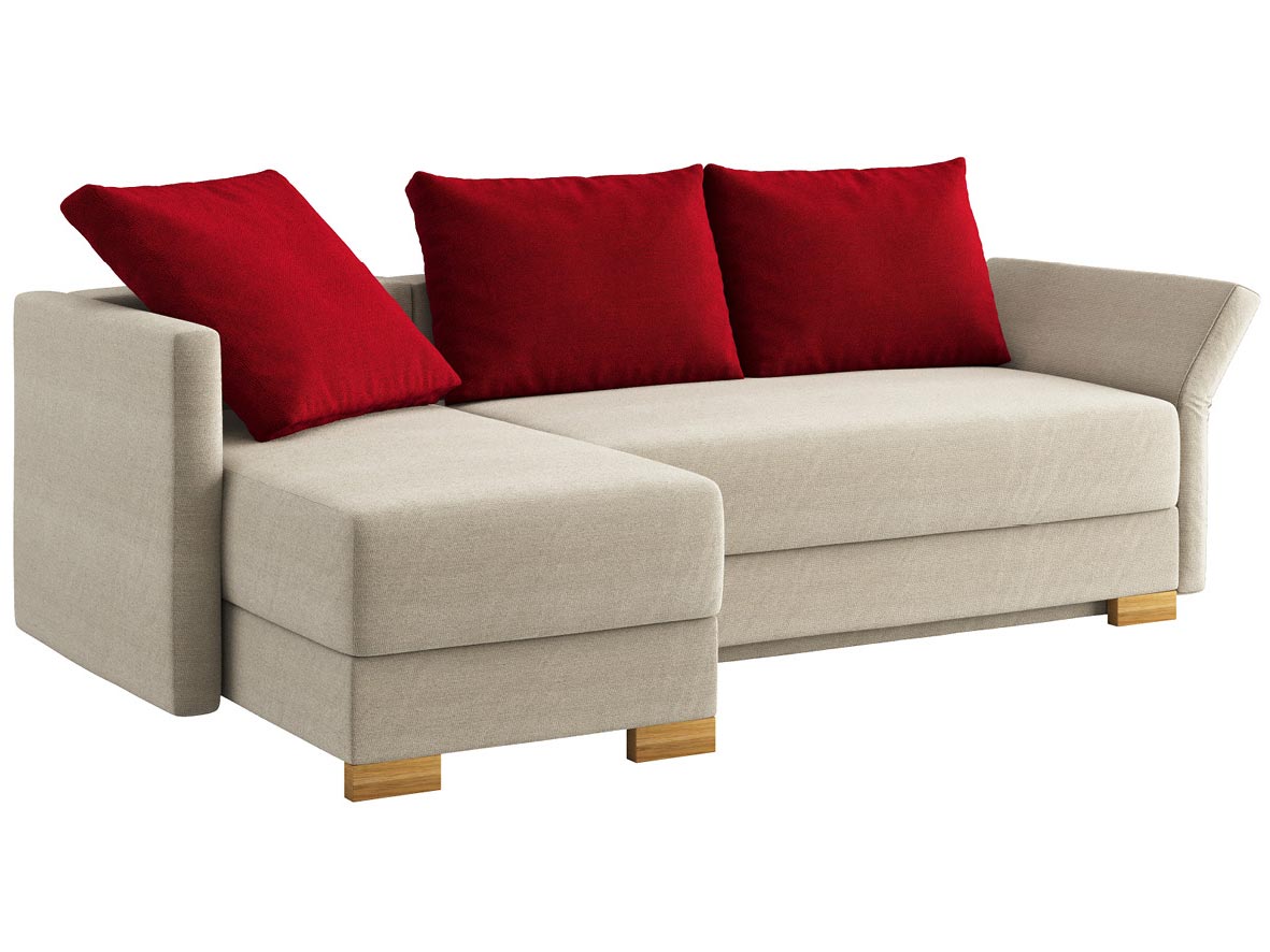 Sofa „Nathalie“ mit Stoff „Ankogel“: Sofafarbe Flanell, 2 Rückenkissen und 1 Faltkissen in Farbe Kirsch, Anbauelement links, Holzfüße in Wildeiche