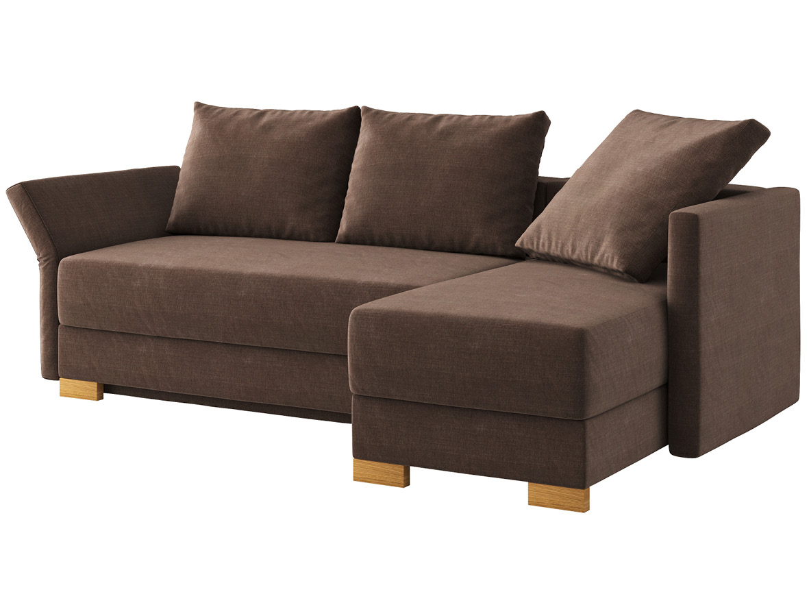 Sofa „Nathalie“ mit Stoff „Hochobir“: Sofafarbe Braungrau, 2 Rückenkissen und 1 Faltkissen in Farbe Braungrau, Anbauelement rechts, Holzfüße in Kastanie