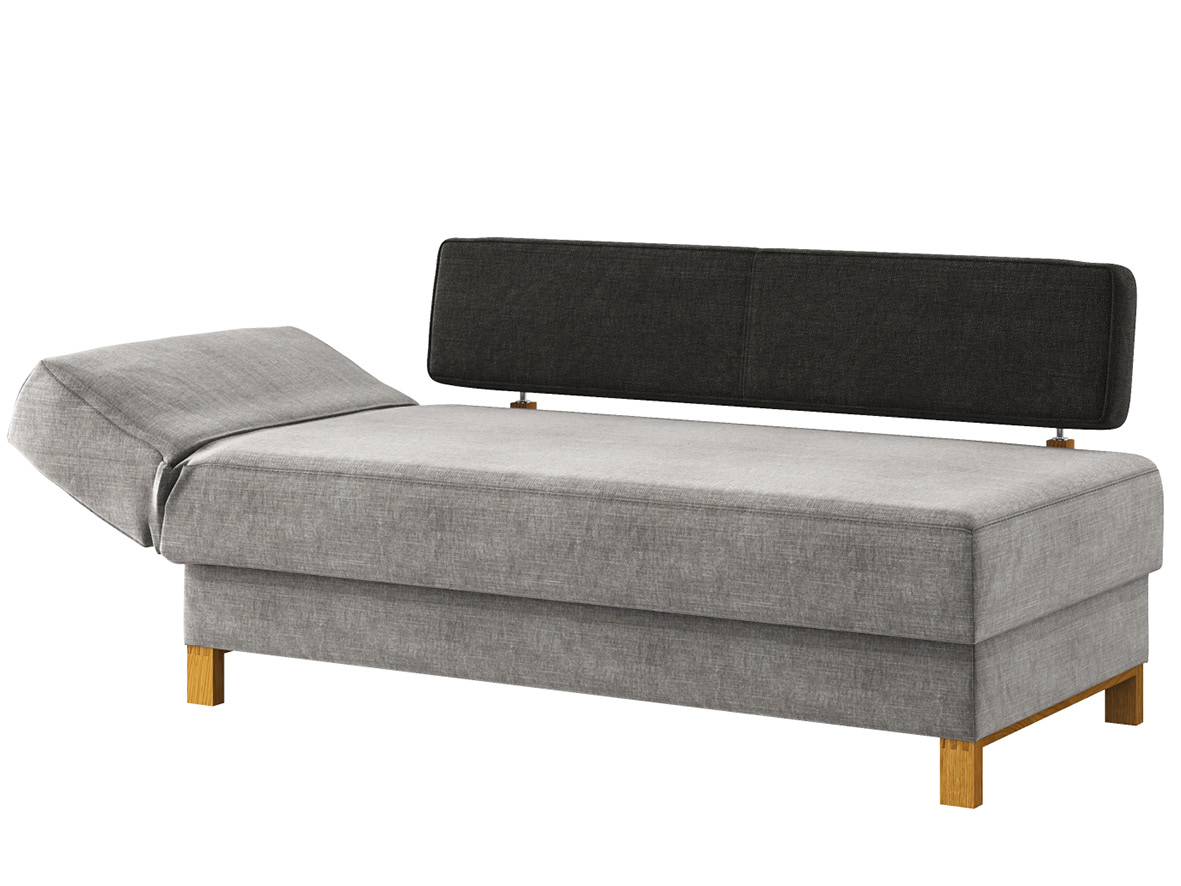 Sofa „Stella“ mit Stoff „Hochobir“: Sofafarbe Stein, Farbe der Rückenlehne Dunkelgrau, Kopfteil links, Holzfüße in Eiche