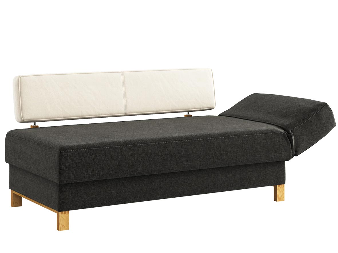 Sofa „Stella“ mit Stoff „Hochobir“: Sofafarbe Dunkelgrau, Farbe der Rückenlehne Natur, Kopfteil rechts, Holzfüße in Kastanie