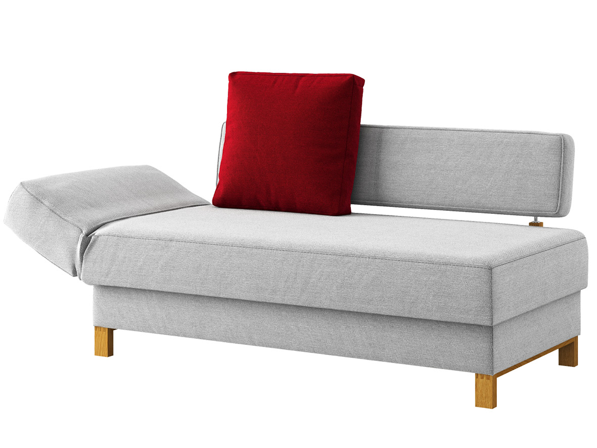 Sofa „Stella“ mit Stoff „Ankogel“: Sofafarbe Fels, Kissenfarbe Kirsch, Kopfteil links, Holzfüße in Eiche