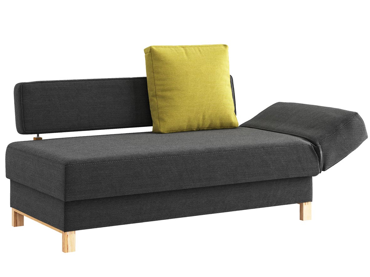 Sofa „Stella“ mit Stoff „Ankogel“: Sofafarbe Karbon, Kissenfarbe Limette, Kopfteil rechts, Holzfüße in Esche