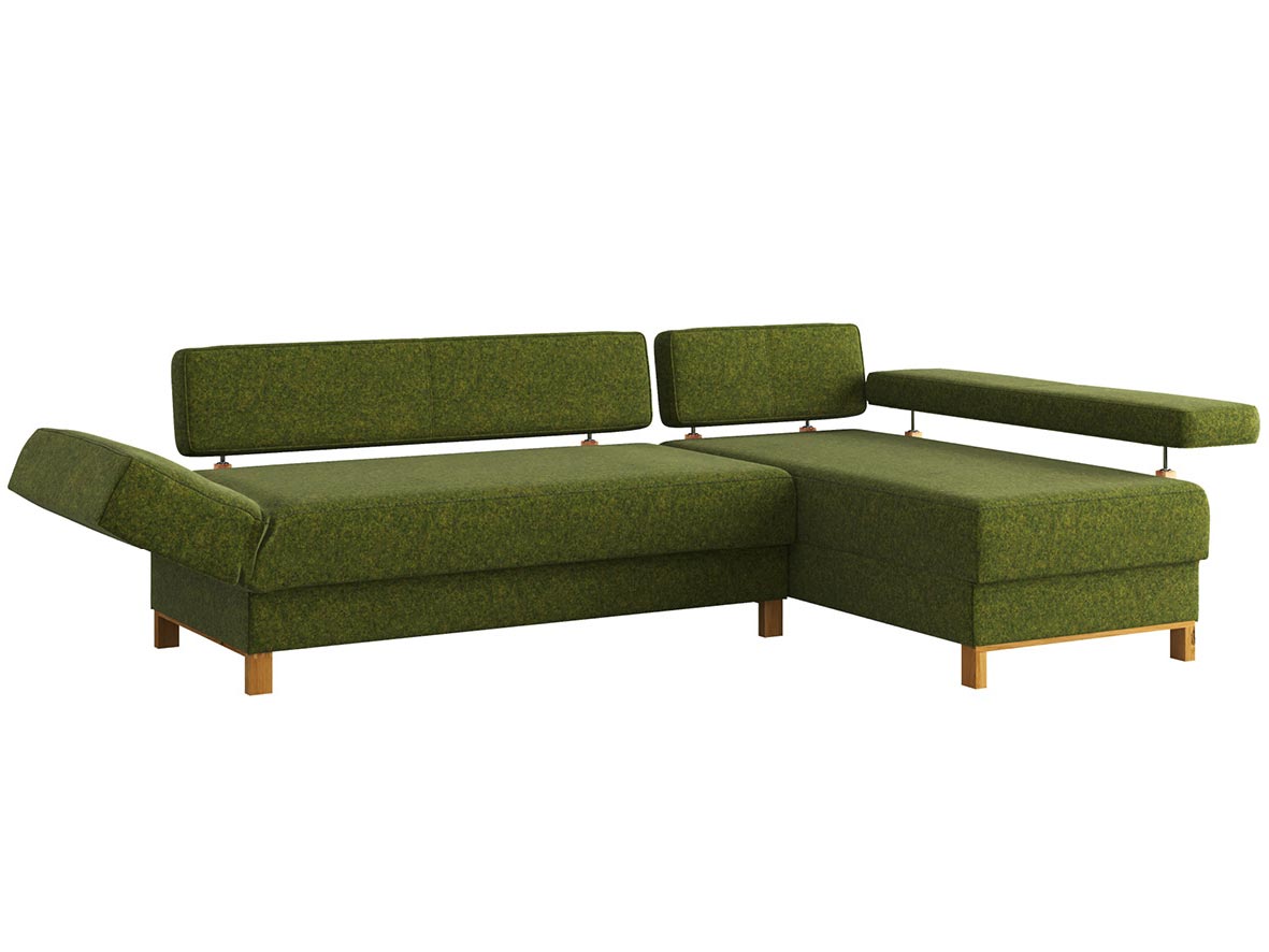 Sofa „Stella“ mit Stoff Loden von „Steiner 1888“: Sofafarbe Grün, Anbauelement rechts, Holzfüße in Wildeiche