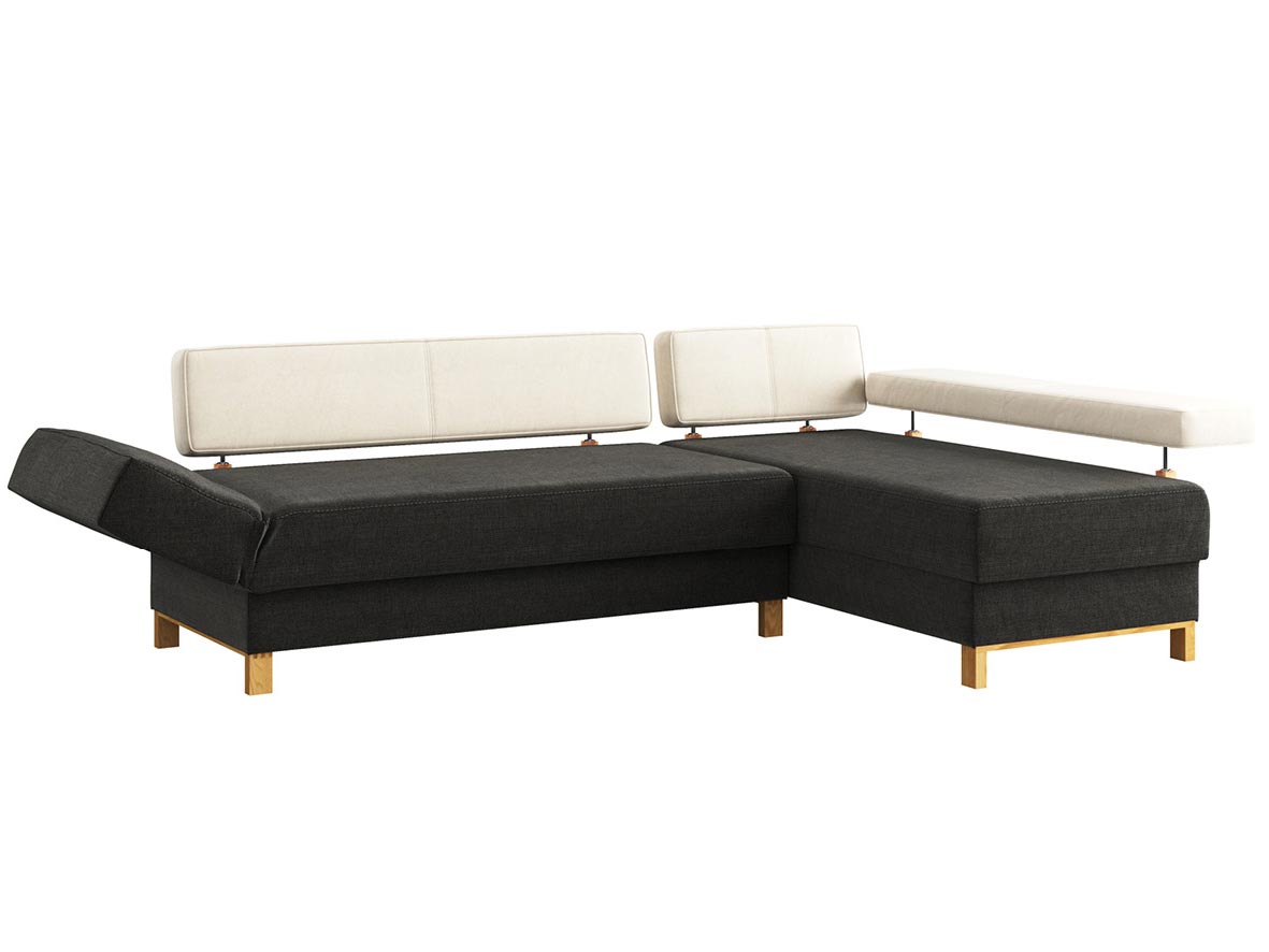 Sofa „Stella“ mit Stoff „Hochobir“: Sofafarbe Dunkelgrau, Farbe der Rückenlehnen Natur, Anbauelement  links, Holzfüße in Kastanie