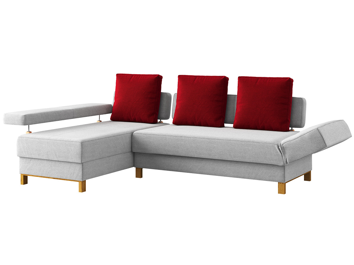 Sofa „Stella“ mit Stoff „Ankogel“: Sofafarbe Fels, Kissenfarbe Herz, Anbauelement links, Holzfüße in Eiche