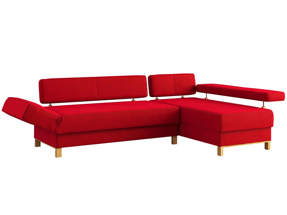 Sofa „Stella“ mit Stoff „Hochobir“: Sofafarbe Karmin, Anbauelement rechts, Holzfüße in Kastanie