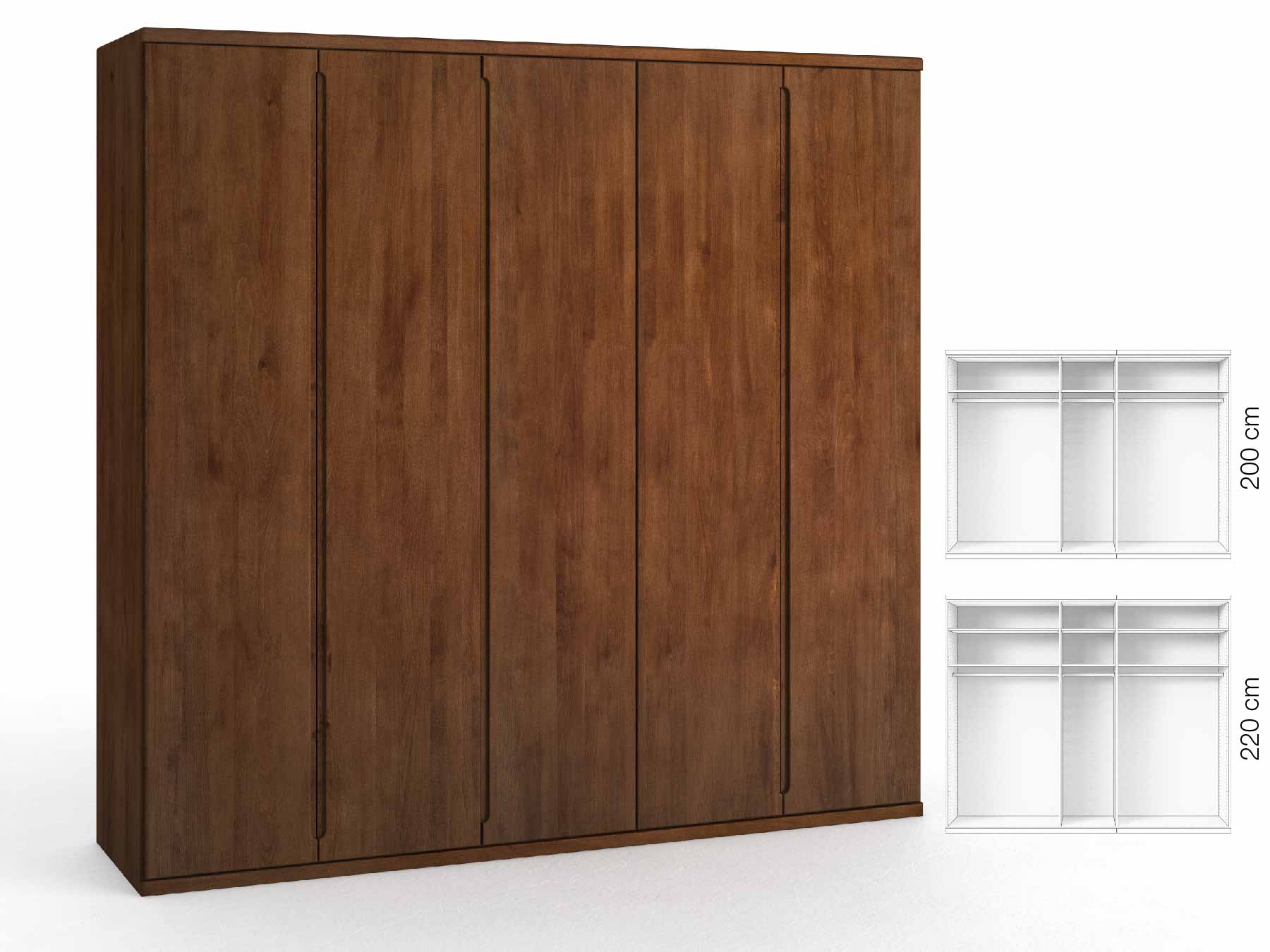 Buchenschrank Dunkel „Valentin“, 5-türig, Höhe 220 cm, Griffausführung „Lukas“, Inneneinrichtung: A