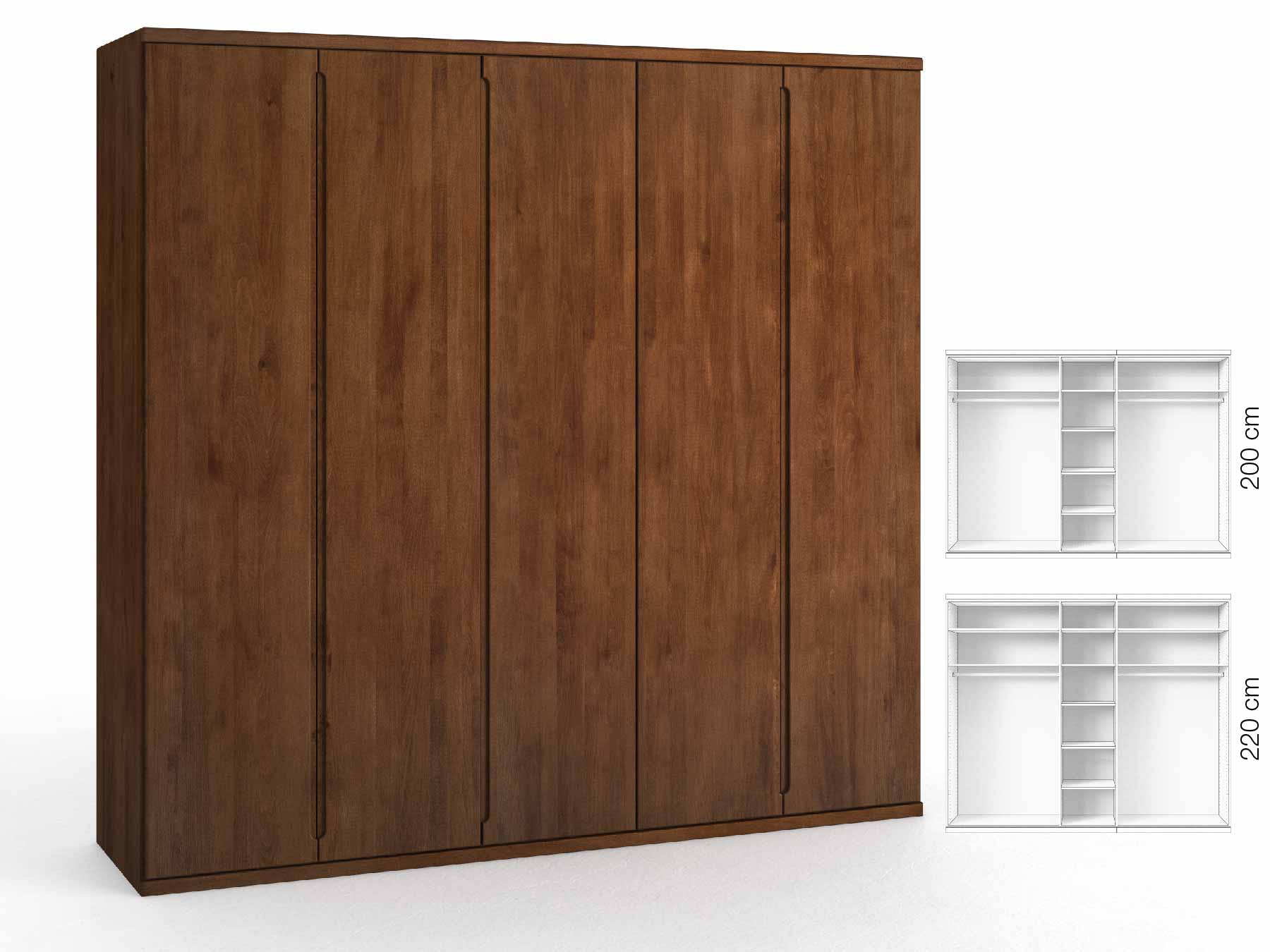 Buchenschrank Dunkel „Valentin“, 5-türig, Höhe 220 cm, Griffausführung „Lukas“, Inneneinrichtung: B