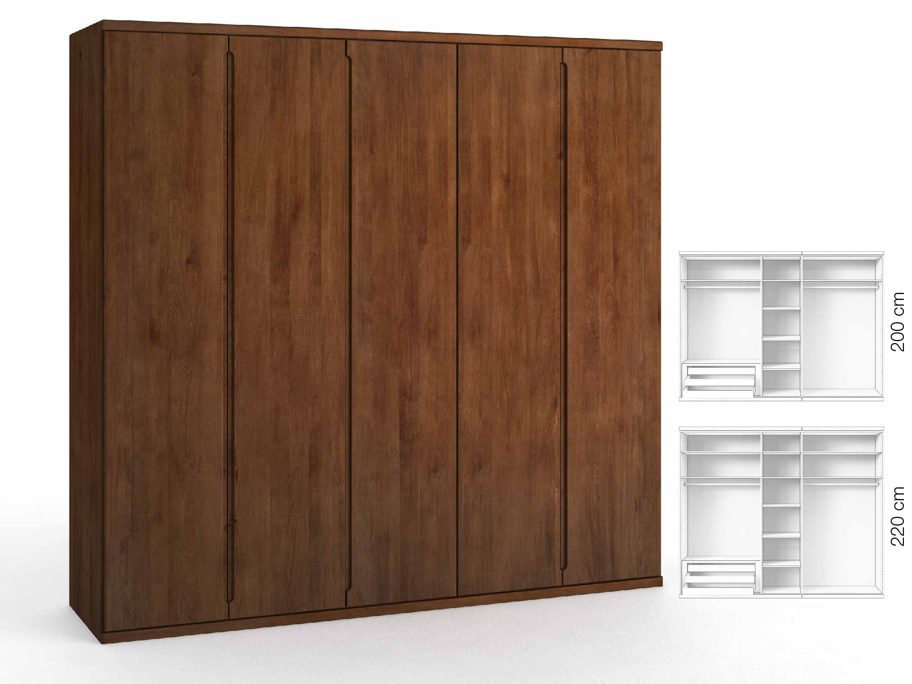 Buchenschrank Dunkel „Valentin“, 5-türig, Höhe 220 cm, Griffausführung „Lukas“, Inneneinrichtung: D