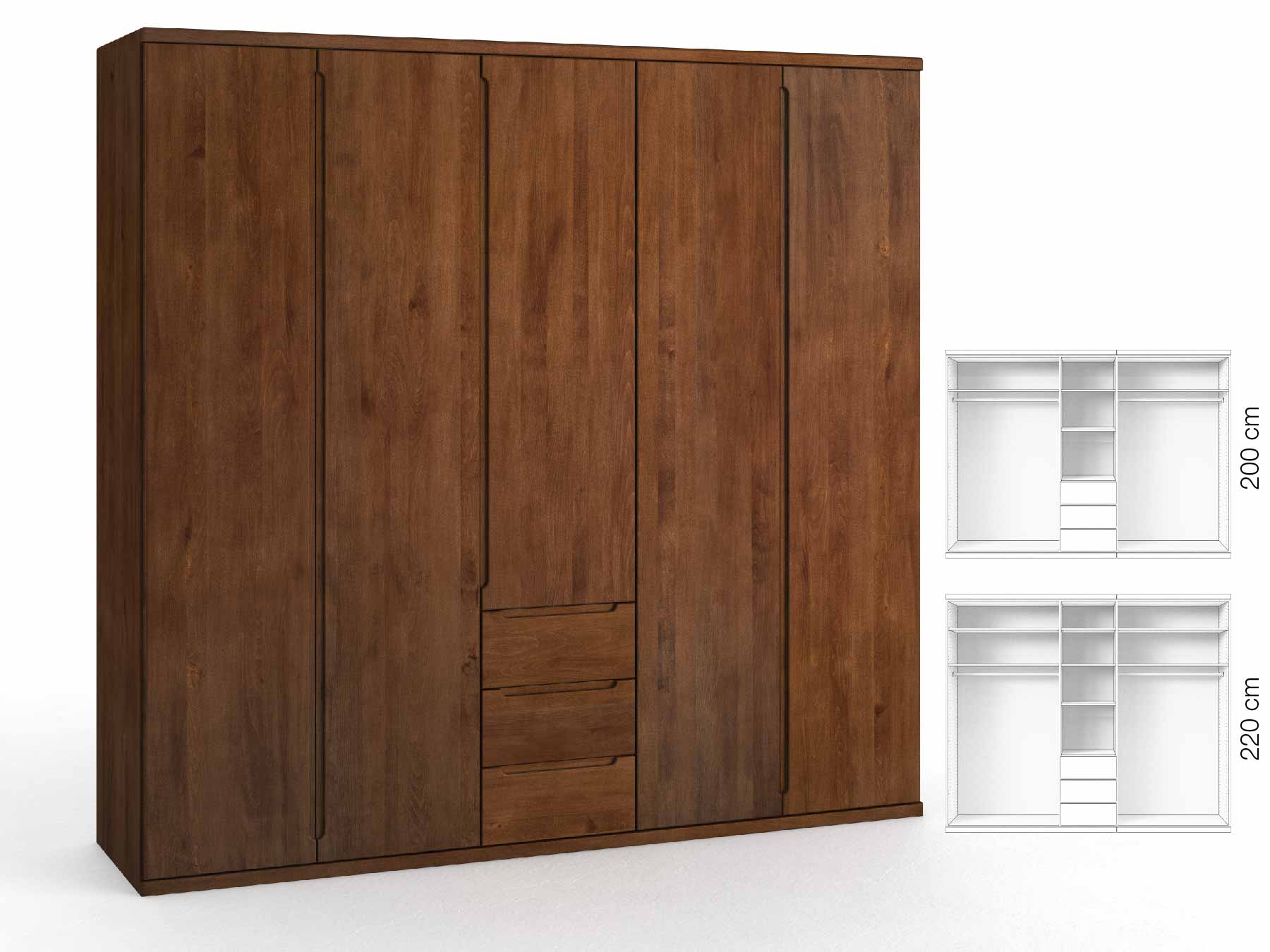 Buchenschrank Dunkel „Valentin“, 5-türig, Höhe 220 cm, Griffausführung „Lukas“, Inneneinrichtung: E